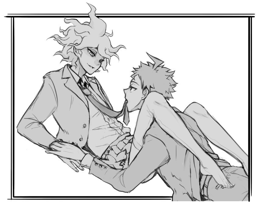 2boys bedroom_eyes between_legs danganronpa danganronpa_2:_goodbye_despair gay greyscale hinata_hajime legs_on_shoulders looking_at_another male male/male male_only monochrome nagito_komaeda straight_hair yaoi yndr4hope