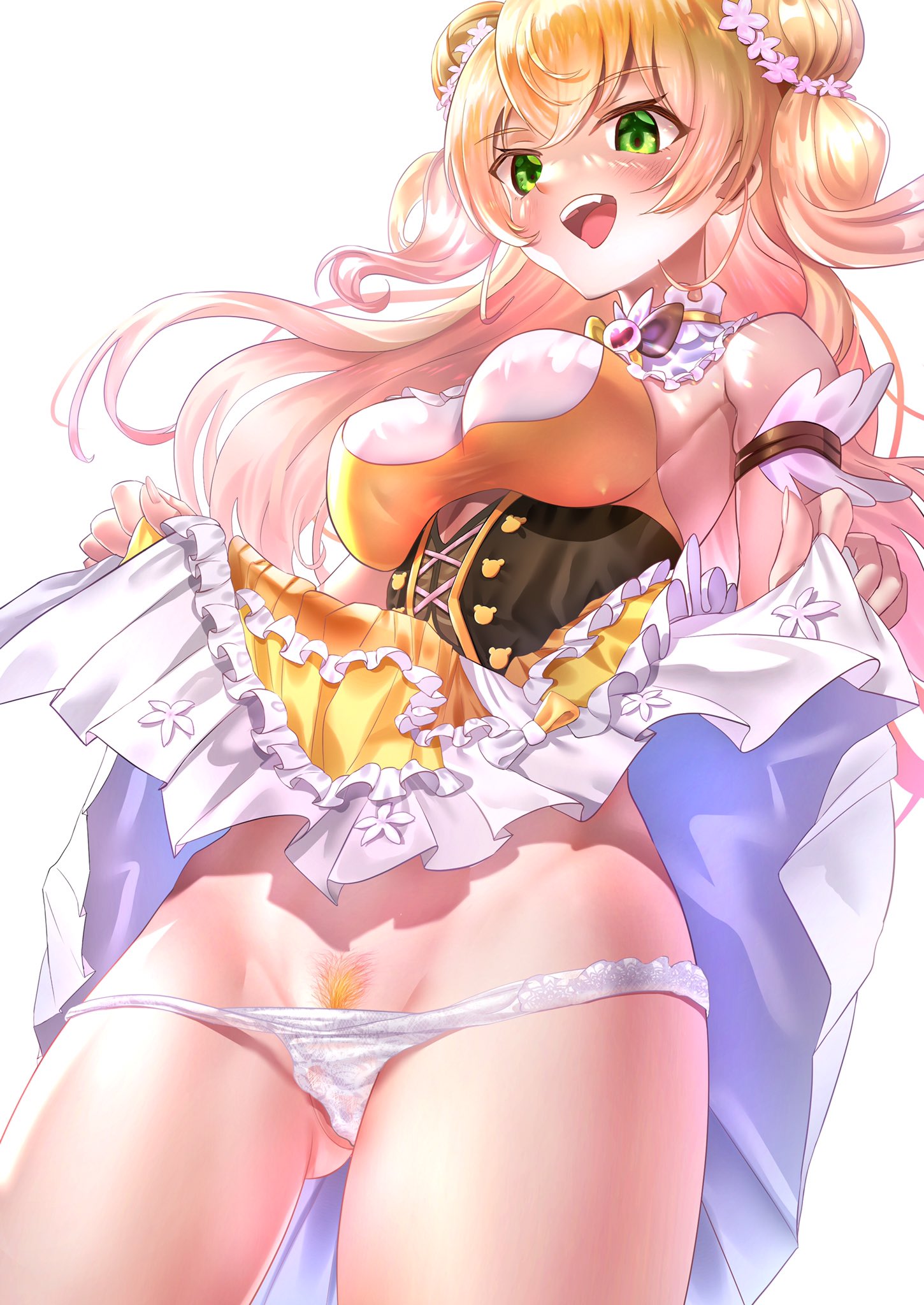 1girls, big breasts, blonde hair, breasts, female, flower, green eyes, hololive, hololive gen 5, hololive japan, mishima psycho, momosuzu nene, panties, taking clothes off, thighs, tight clothing, virtual youtuber