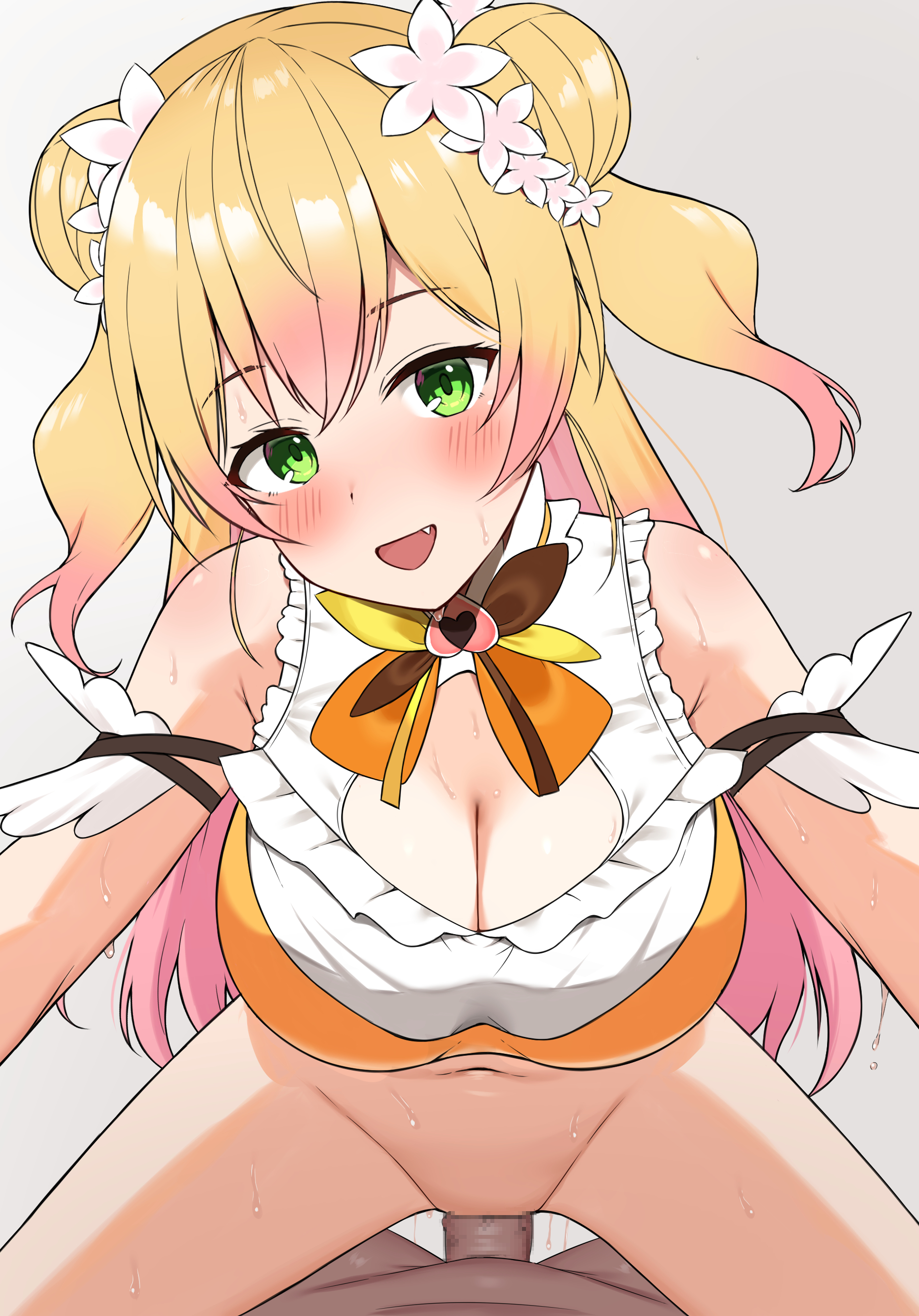 1girls, aritorai, big breasts, blonde hair, blush, breasts, clothing, dark skin, dark-skinned male, female, flower, green eyes, hololive, hololive gen 5, hololive japan, male, momosuzu nene, penis, pussy, revealing clothes, sitting on penis, tight clothing, vaginal penetration, virtual youtuber