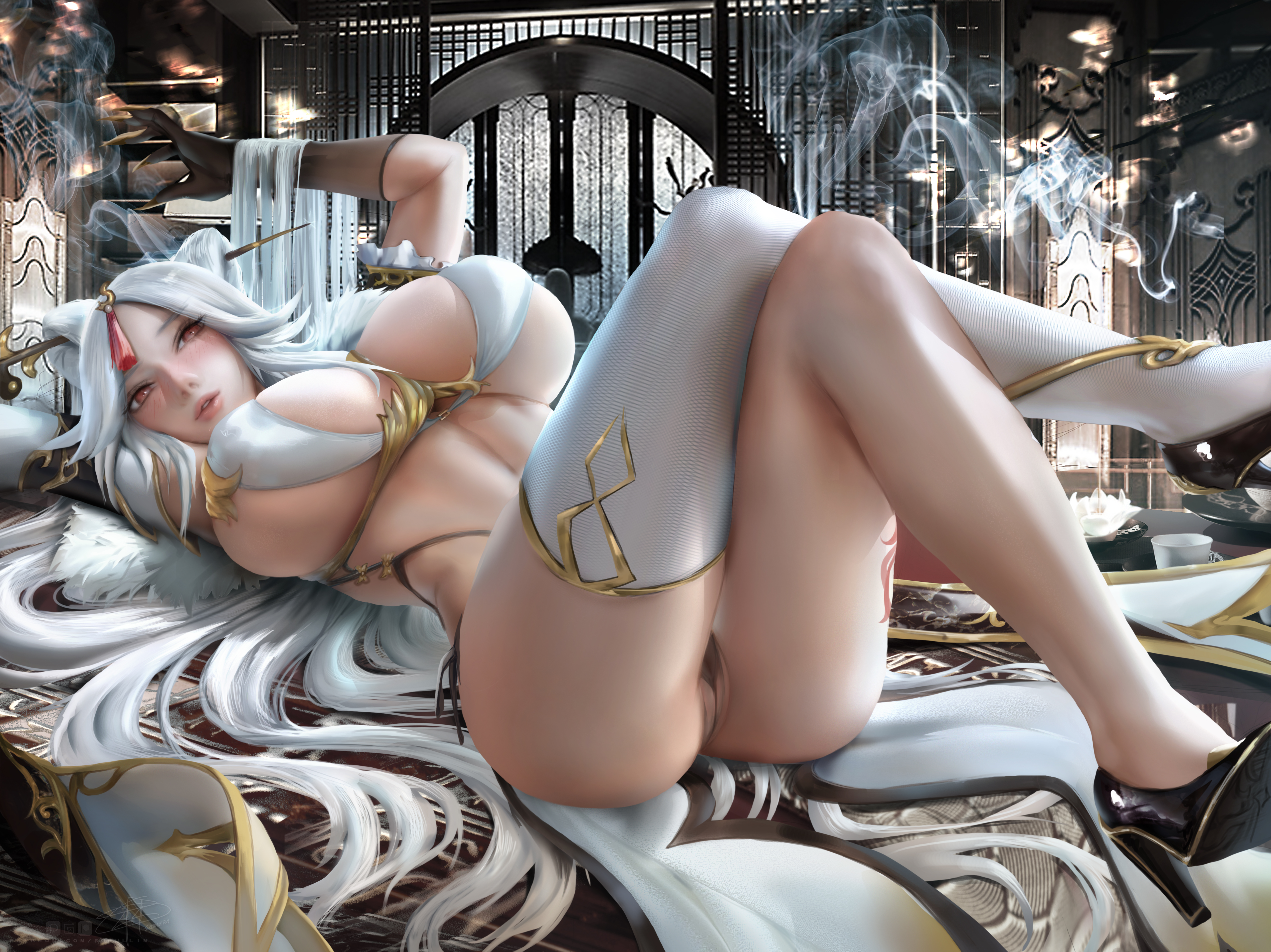 breasts, female, genshin impact, huge breasts, laying down, ningguang (genshin impact), supullim, thick thighs