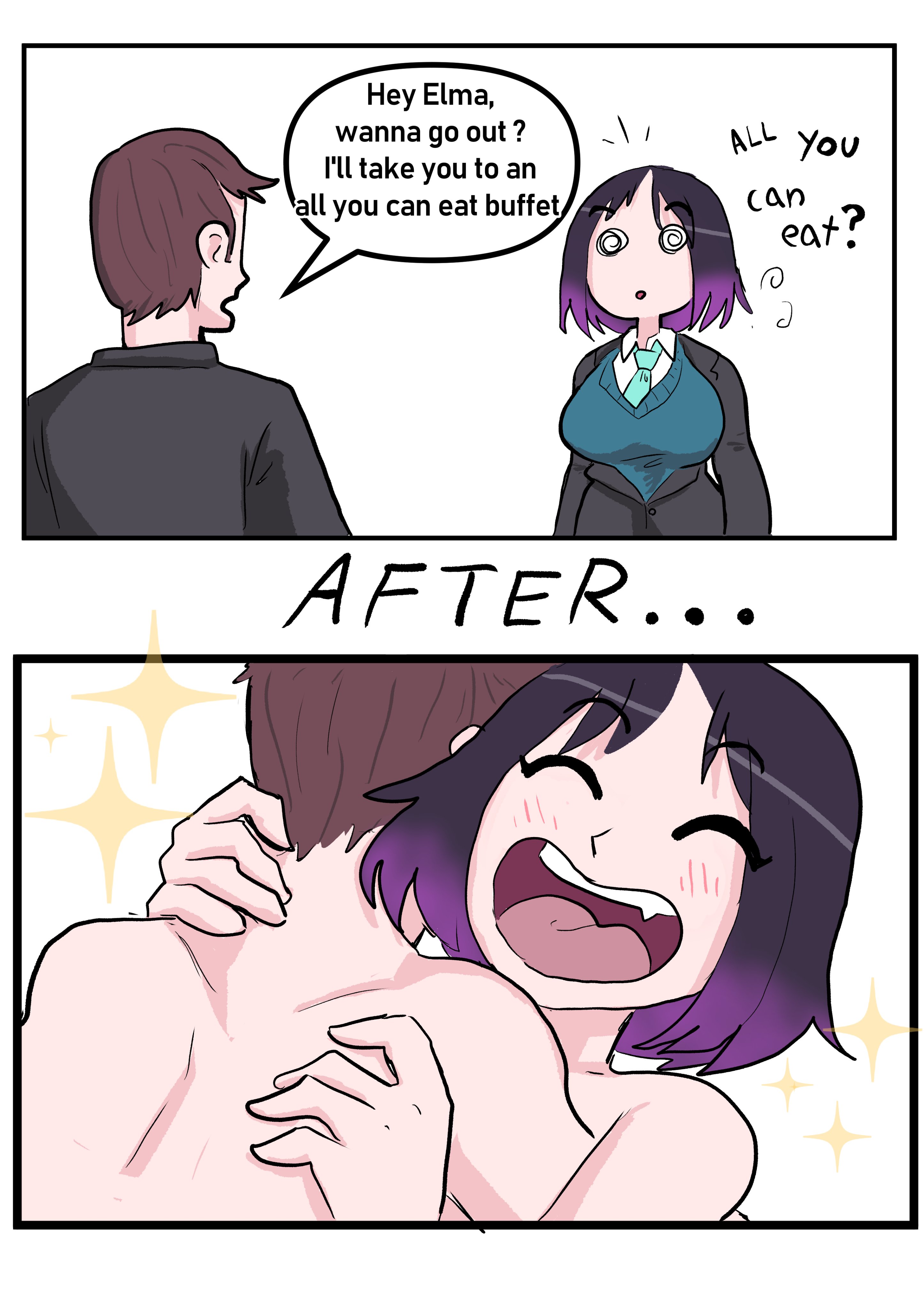 1boy, 1girls, 2021, absurd res, artist request, before and after, black hair, blush, brown hair, closed eyes, clothing, dialogue, dragon girl, elma (dragon maid), english text, female, happy, happy sex, hugging, male, medium hair, miss kobayashi's dragon maid, nude, nude female, nude male, oerba yun fang, purple highlights, speech bubble, spiral eyes, two panel image