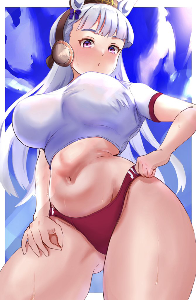 1girls, belly, bloomers, breasts, buruma, crop top, female, female focus, female only, from below, gold ship (umamusume), gym uniform, long hair, low-angle view, midriff, nagaya (arx7sagara), navel, purple eyes, shirt, shorts, solo, solo female, solo focus, standing, thick thighs, thighs, tight clothes, tight clothing, tight fit, tights, umamusume, white shirt
