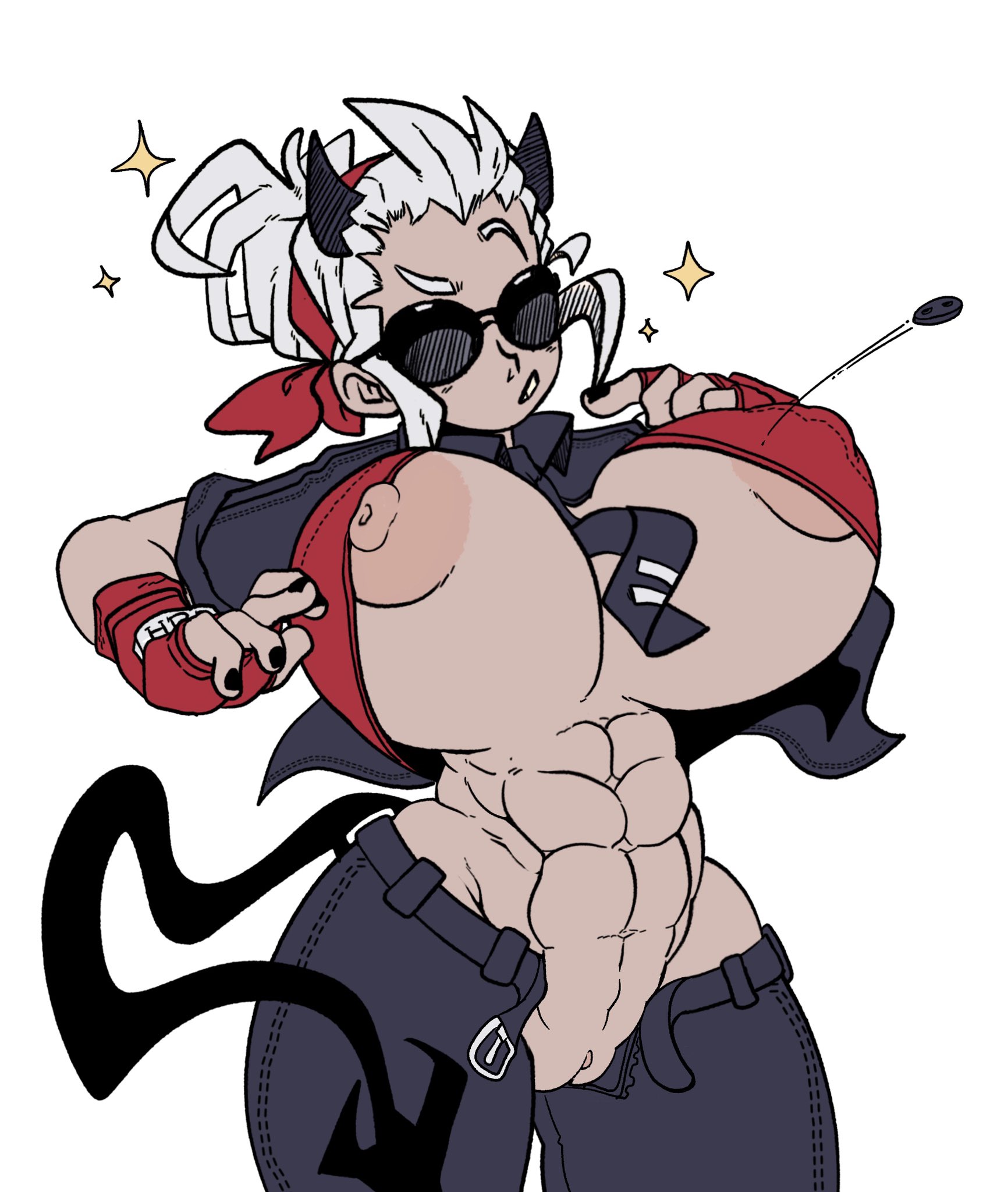 1girls, abs, alternate breast size, alternate version available, big breasts, breasts, busty, button pop, curvy, demon, demon girl, demon horns, demon tail, devil, devil horns, exposed breasts, female, fit, fit female, grey skin, helltaker, horns, huge areolae, huge breasts, huge nipples, justice (helltaker), light skin, light-skinned female, muscular, muscular female, nipples, open shirt, pale skin, pale-skinned female, pussy, shades, spicyfuse, sunglasses, tail, tomboy, toned, toned female, vagina, wardrobe malfunction