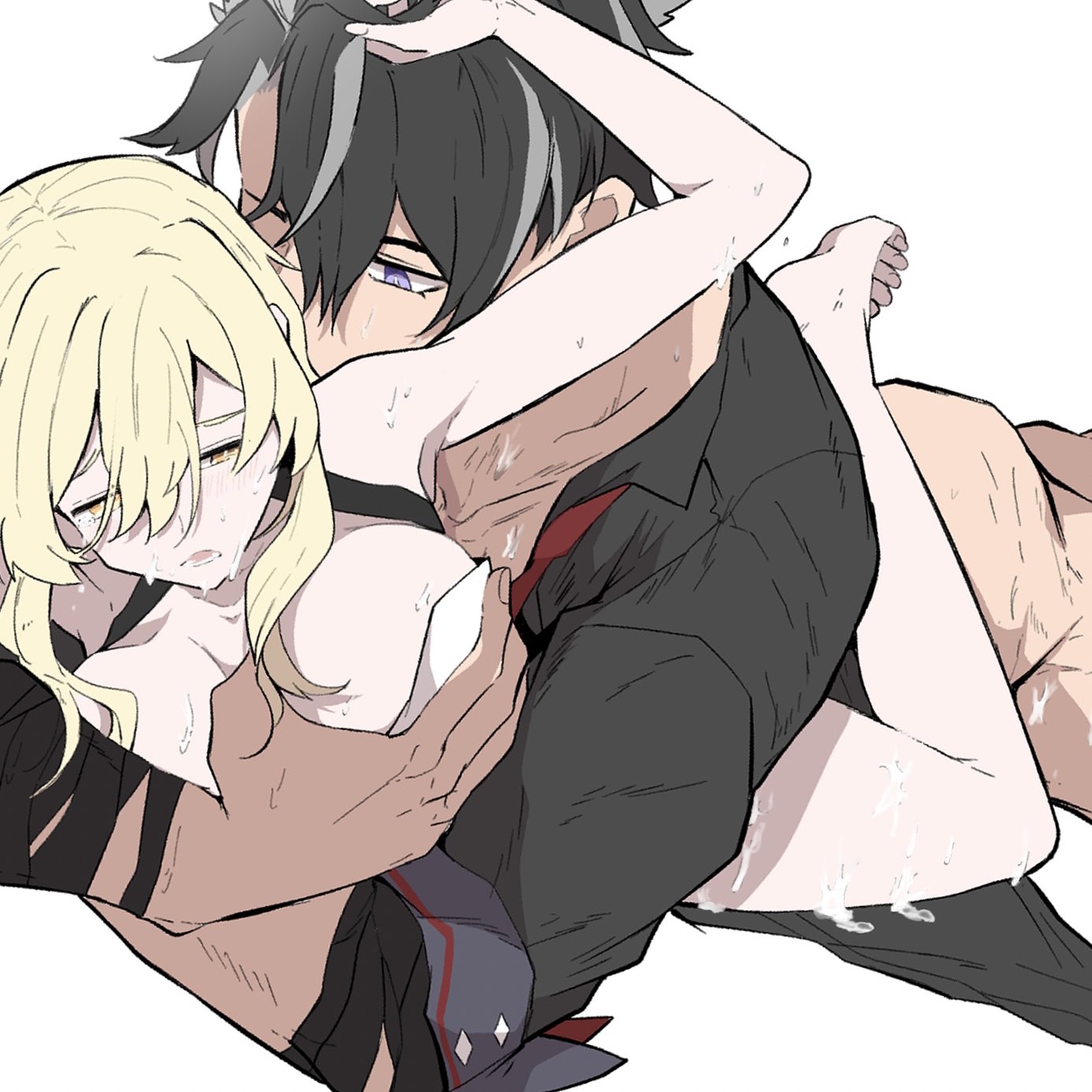 1boy, 1girls, black-haired male, blonde female, blonde hair, breasts, cum on body, embrace, female, fondling breast, genshin impact, groping from behind, lumine (genshin impact), male, male penetrating female, muscular, muscular male, wriothesley (genshin impact), yellow eyes