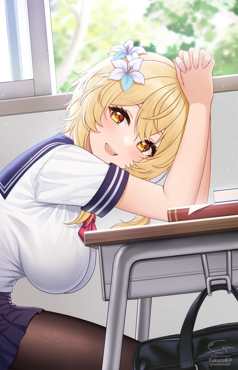 bag, big breasts, blonde, blonde hair, blush, book, books, breasts, classroom, desk, female, flower in hair, fukuro ko (greentea), genshin impact, huge breasts, looking at viewer, lumine (genshin impact), sagging breasts, sailor uniform, school uniform, short hair, short hair with long locks, smiling, solo, tagme, uniform, window, yellow eyes