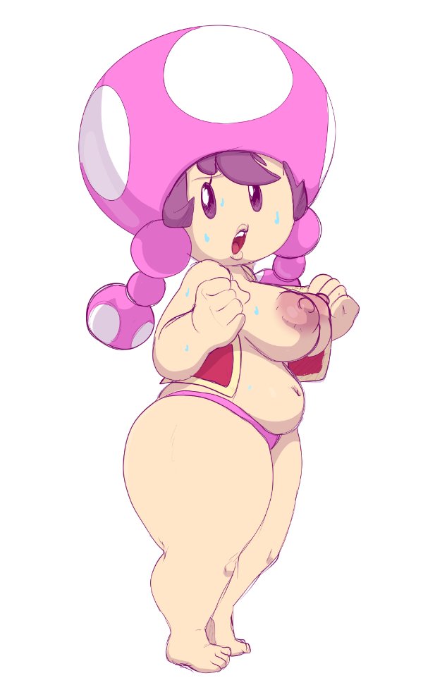 1girls, areolae, big areola, big breasts, big nipples, breasts, chubby, clothed, clothing, feet, female, female only, hexanne, humanoid, light skin, mario (series), mostly nude, nintendo, nipples, pale skin, panties, shortstack, side view, slightly chubby, solo, standing, toadette, white background
