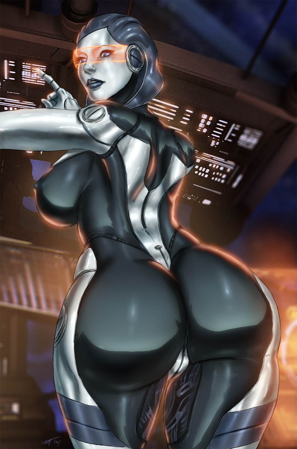 1girls areolae ass big_ass big_breasts breasts edi female female_only large_breasts mass_effect nipples red-tinted_eyewear solo thick_thighs tinted_eyewear ultamisia visor wide_hips