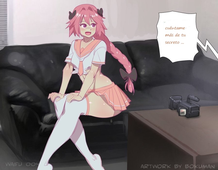 1boy, ass, astolfo (fate), belly, bokuman, braid, camera, casting couch, clothed, couch, fate (series), femboy, hands on legs, interview, long hair, male, male only, open mouth, pink hair, school uniform, skirt, smile, smiling, solo, spanish text, speech bubble, text, thick thighs, thighhighs, thighs