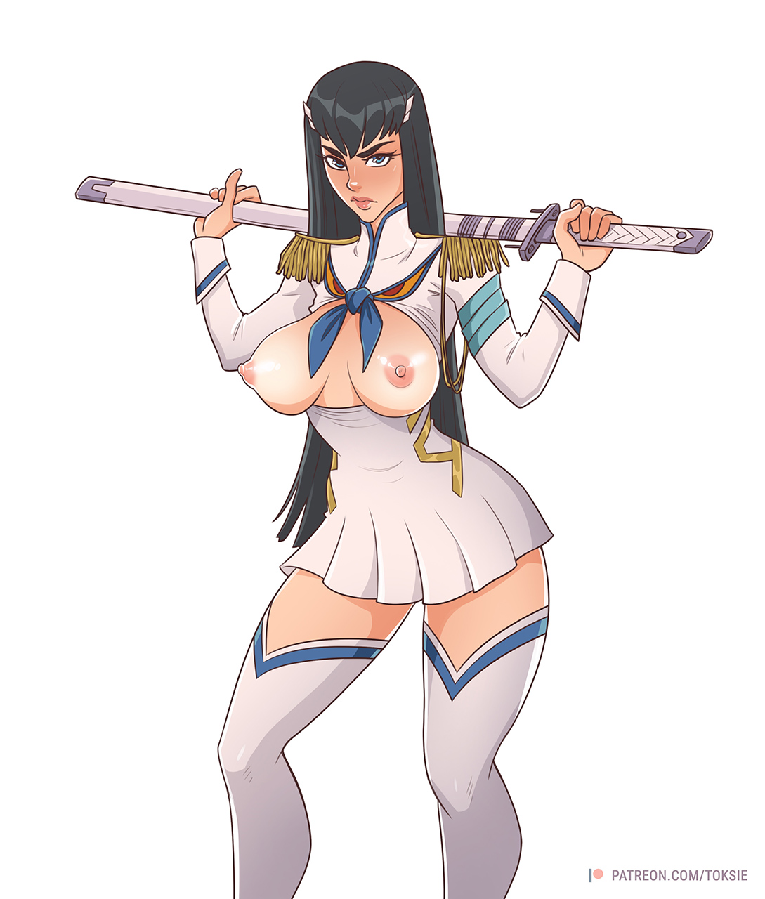 1girls, areolae, black hair, blue eyes, breasts, breasts out, clothed, female, female only, frown, junketsu, kill la kill, kiryuuin satsuki, long hair, looking at viewer, nipples, solo, sword, thigh boots, toksie, white background