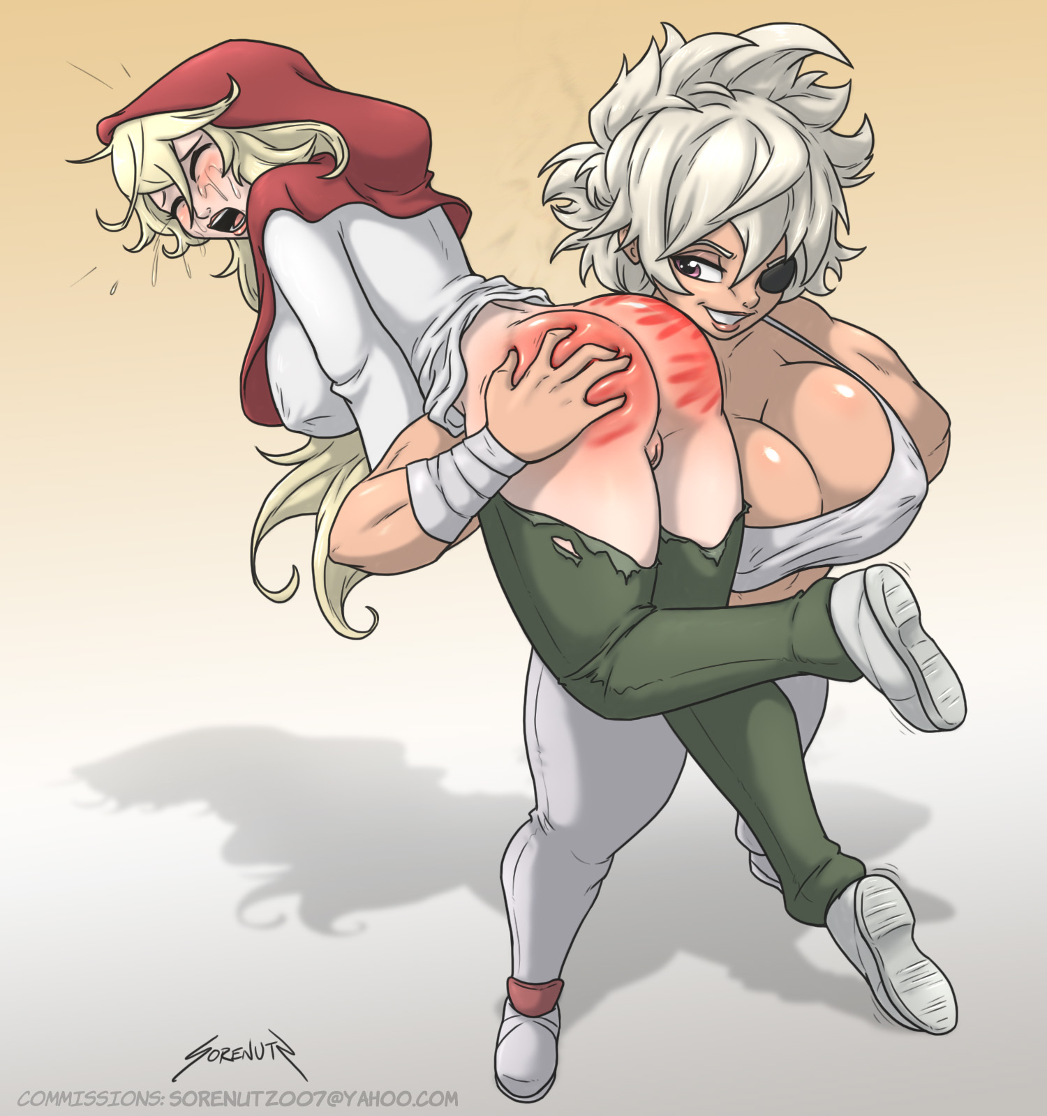 ass, ass grab, bondage, branding mark, carrying, crying, debonair diamond, domination, female, grimm (red hood), handprint, markings, muscles, ripped clothing, sorenutz, spanking, tagme, the hunters guild: red hood, yuri
