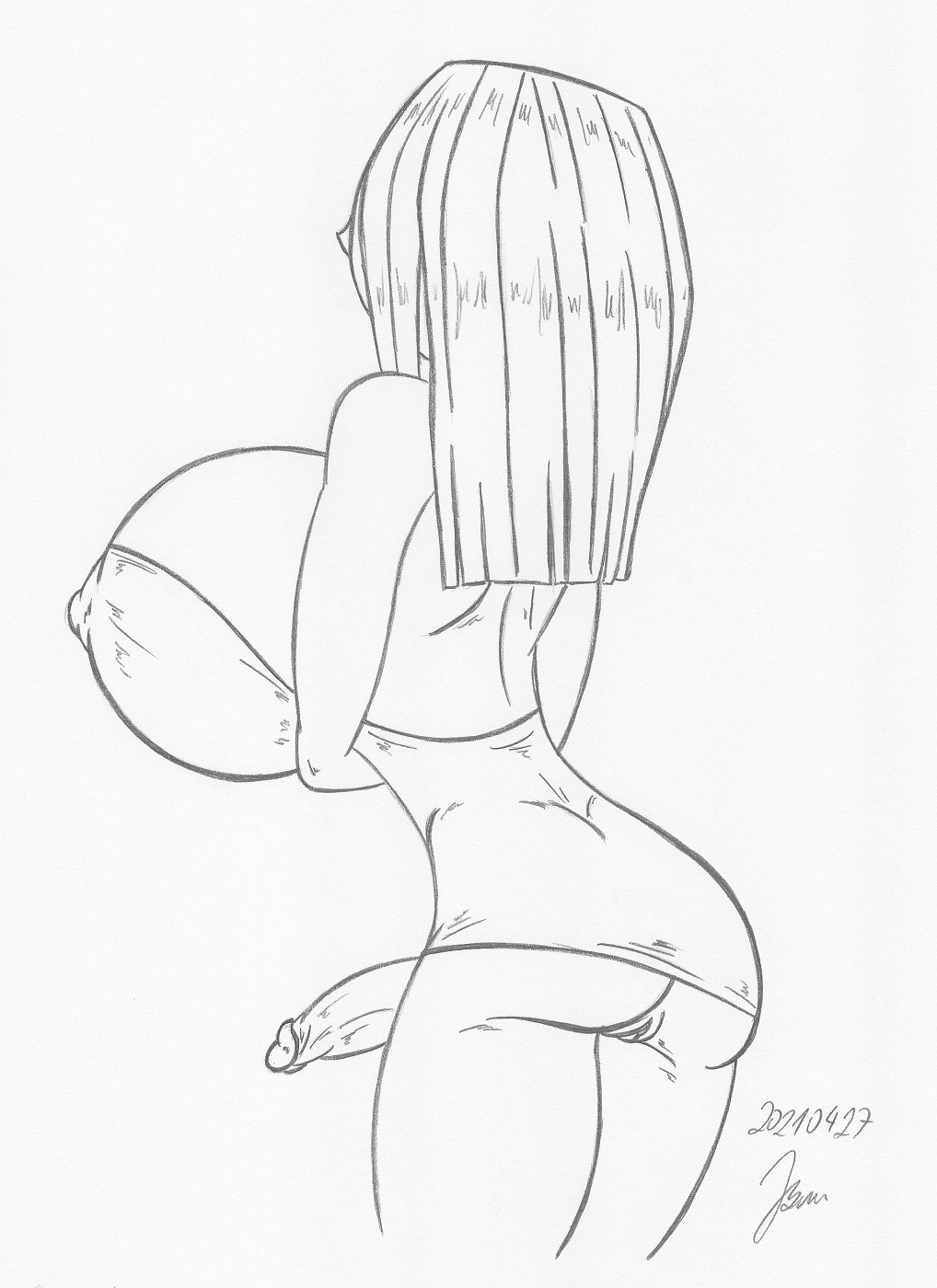 1futa ass back back_view big_breasts blaineley_(tdi) breasts clothed clothing dat_ass dress futa_only futanari huge_breasts large_breasts long_hair moaja moaja_(artist) monochrome mostly_clothed penis pussy sketch solo standing total_drama_island