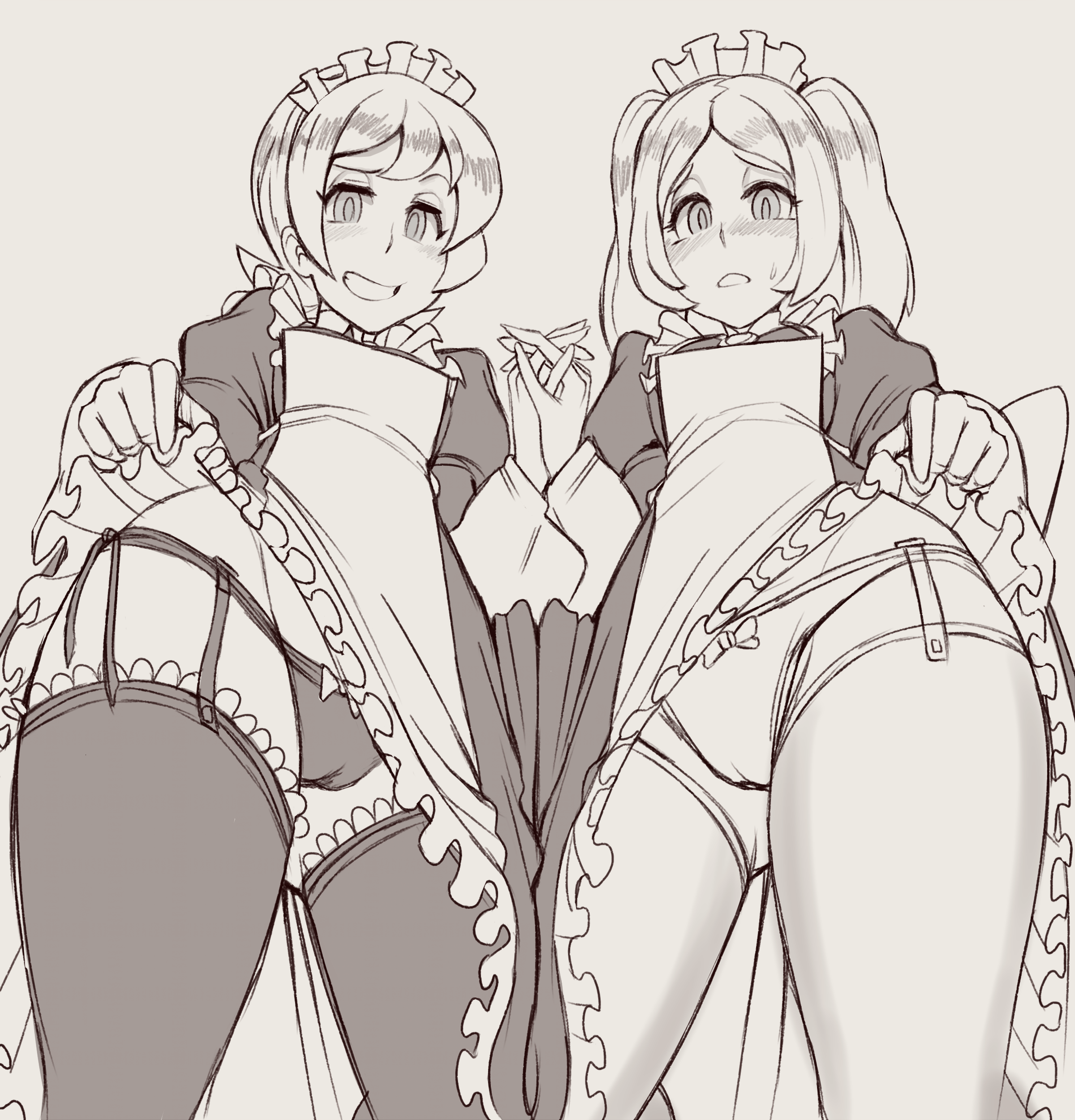 2girls, bloody marie, cameltoe, female, legs, lifting skirt, maid, marie korbel, monochrome, panties, patricia watson, peacock (skullgirls), pre-skullgirl marie, pussy, skullgirls, standby, stockings, thick thighs