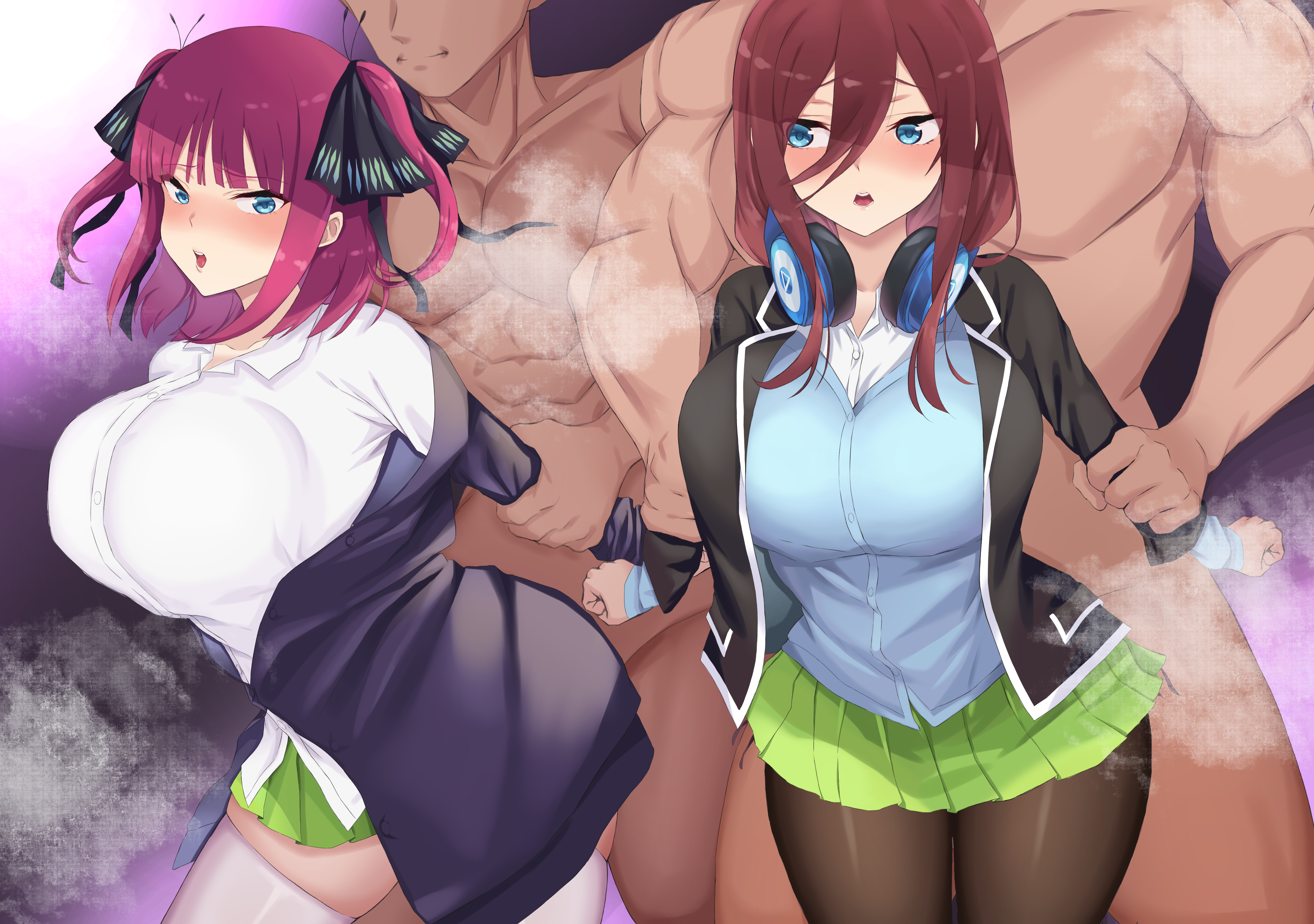 2boys, 2girls, big breasts, blush, breasts, butterfly hair ornament, clothed female nude male, faceless male, female, go-toubun no hanayome, grabbing from behind, hair ribbon, headphones, huge breasts, large breasts, long hair, male, moni pai, nakano miku, nakano nino, open mouth, pantyhose, sisters, thick thighs, thighs