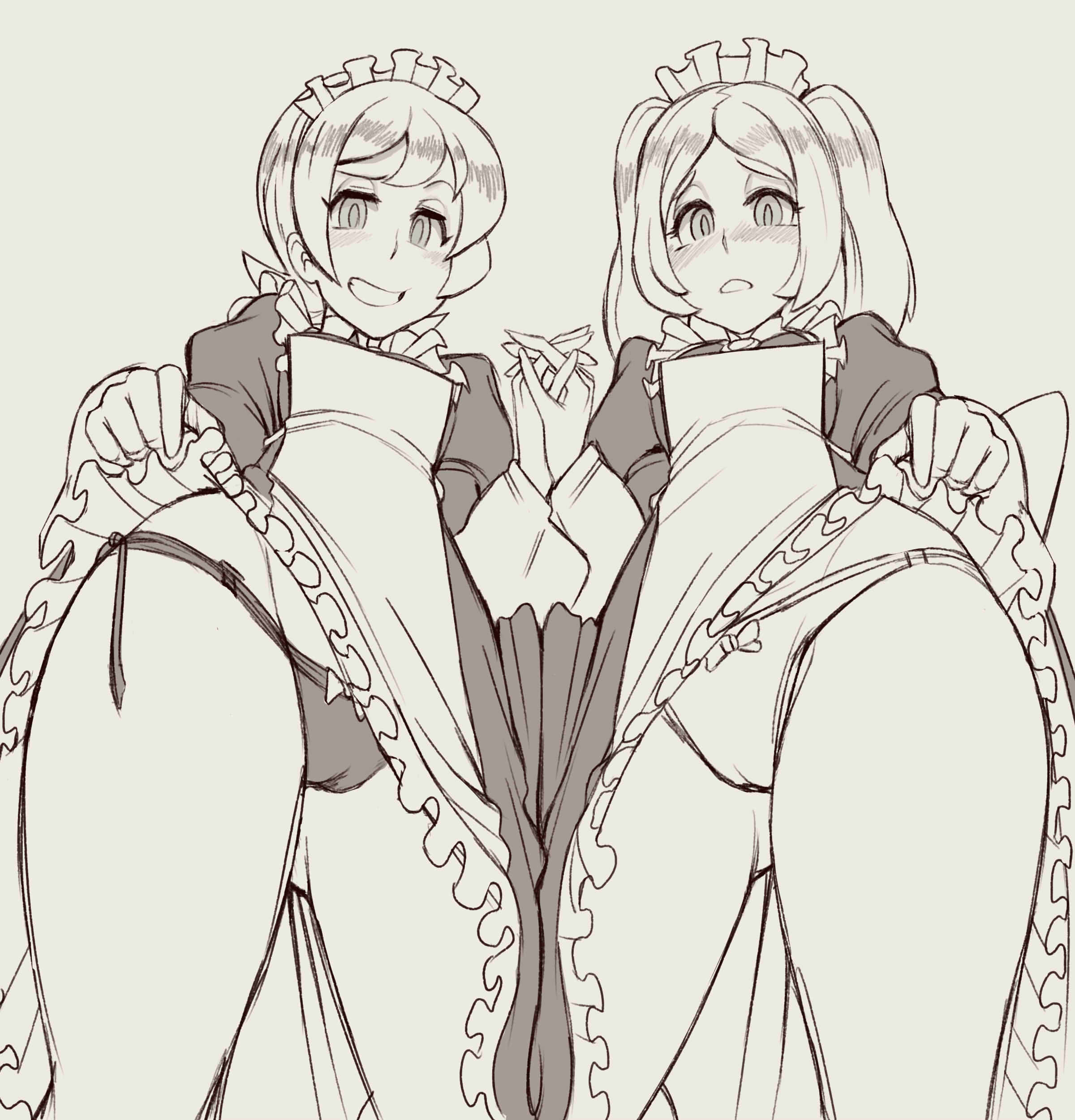 2girls, bloody marie, blush, cameltoe, female, legs, lifting skirt, maid, marie korbel, multiple females, multiple girls, panties, patricia watson, peacock (skullgirls), pre-skullgirl marie, pussy, skullgirls, standby, thick thighs