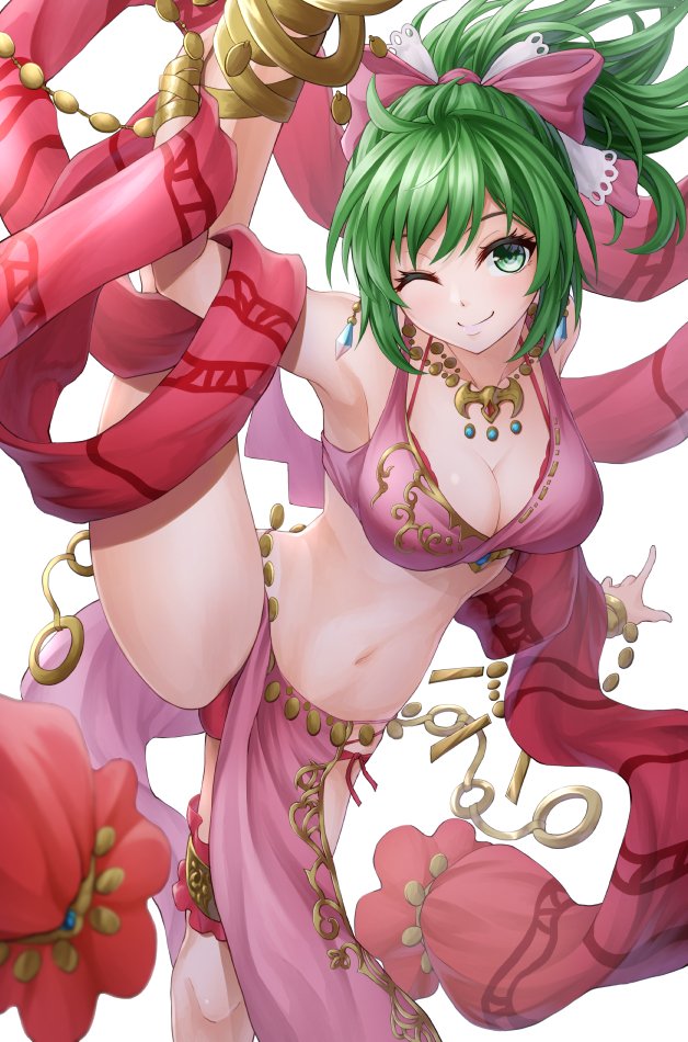 1girls ;) armpits bare_legs bare_shoulders breasts cleavage dancer dancing earrings fire_emblem fire_emblem:_genealogy_of_the_holy_war green_eyes green_hair hair_ribbon jewelry leg_up lene_(fire_emblem) looking_at_viewer medium_breasts navel one_eye_closed panties pelvic_curtain ponytail red_panties revealing_clothes revealing_underwear short_hair side-tie_panties smile solo source_larger split splits standing standing_on_one_leg ten_(tenchan_man) underwear vertical_splits white_background wink