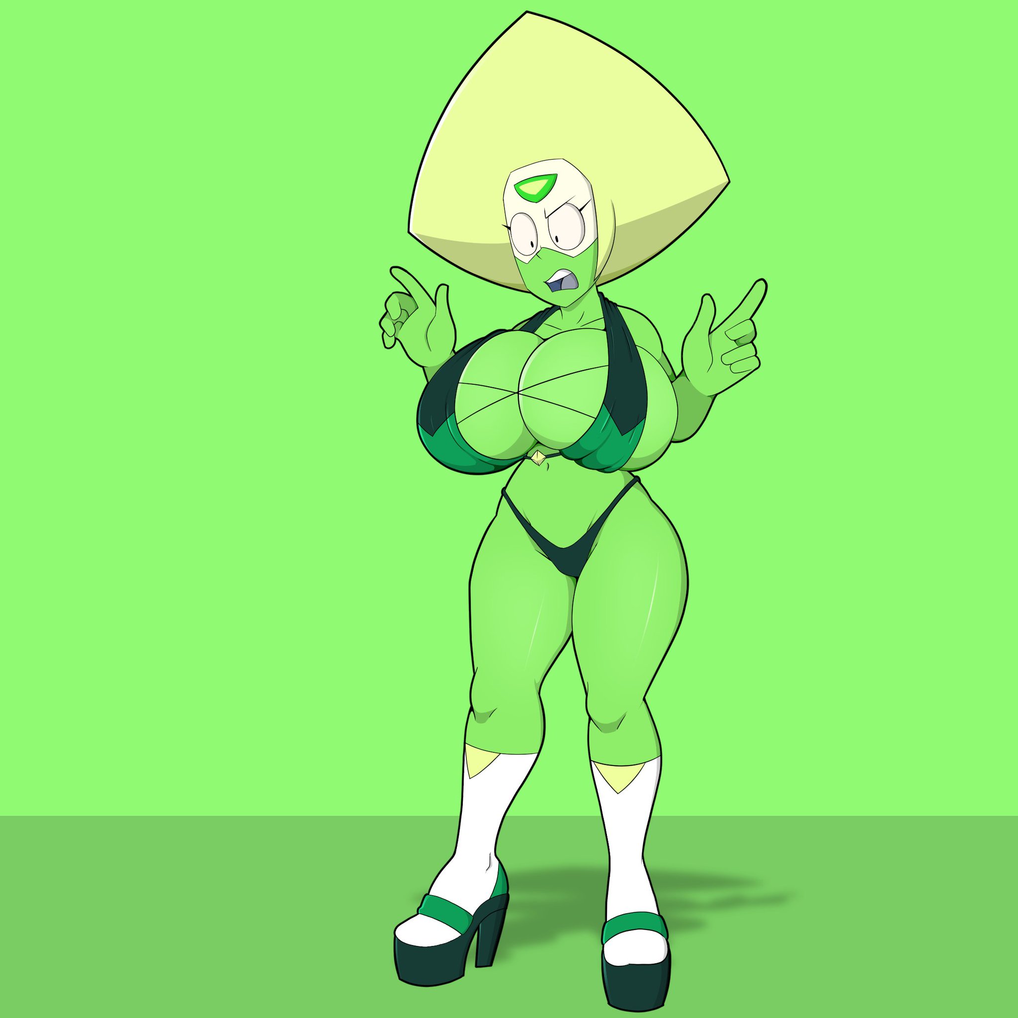 1girls, big breasts, bra, breasts, cartoon network, confusion, female, gem (species), green background, green body, green skin, high heels, looking at breasts, looking down, mklancer00, open mouth, peridot (steven universe), solo, standing, steven universe, thong, white socks, white stockings