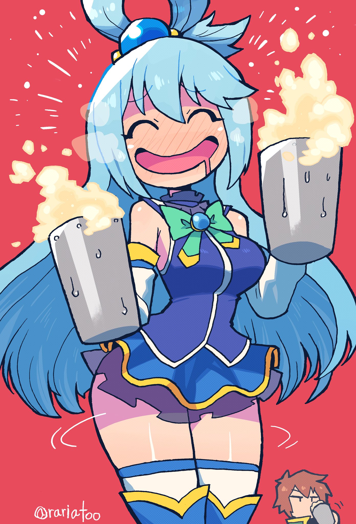 1girls, 2021, aqua (konosuba), bare thighs, beer, blue eyes, breasts, crap-man, cute, drunk, female, female focus, goddess, kono subarashii sekai ni shukufuku wo!, tagme