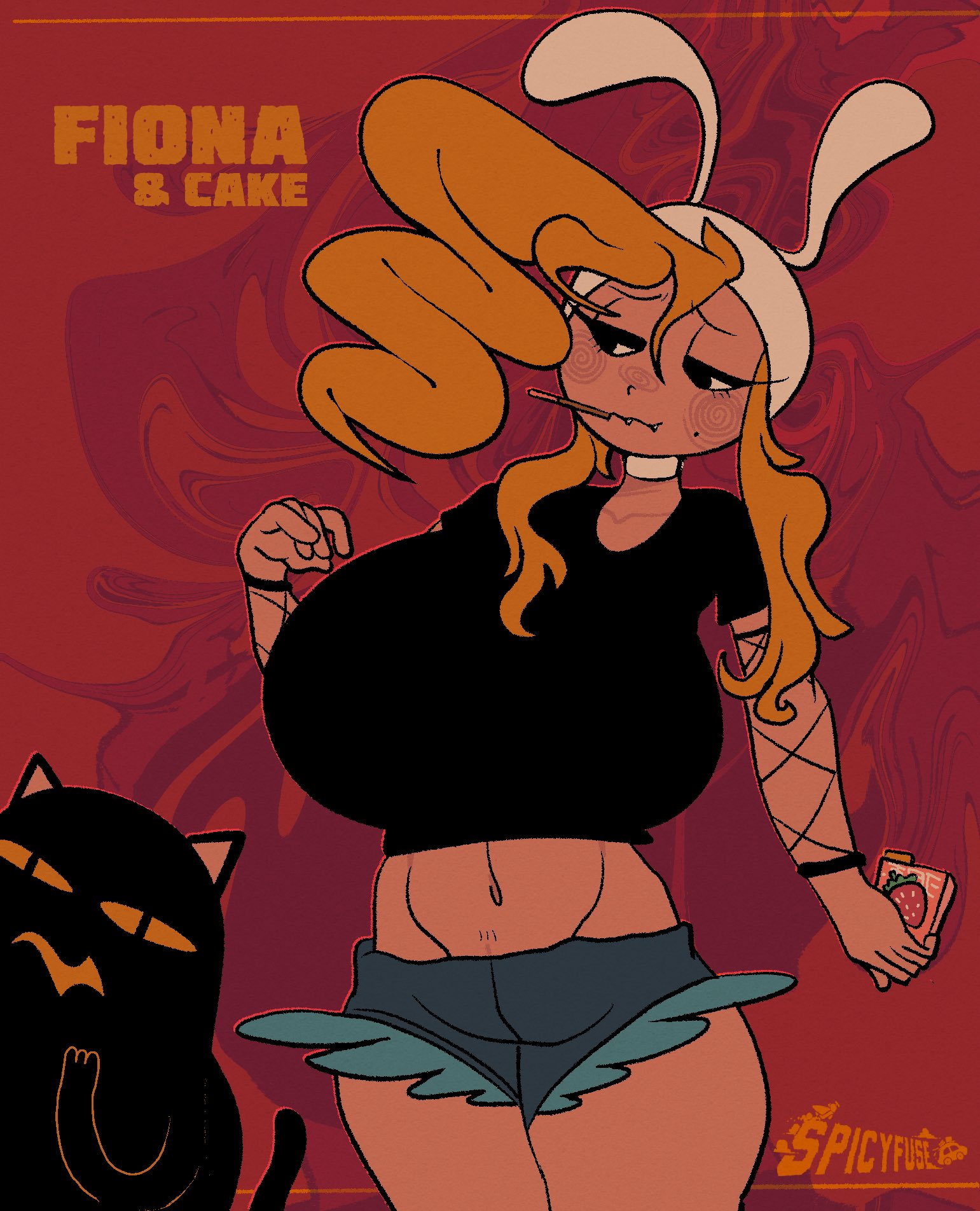 adventure time, alternate costume, blonde hair, breasts, busty, cake the cat, cartoon network, curvy, female, fionna the human girl, fishnets, huge breasts, midriff, spicyfuse, text, thick thighs