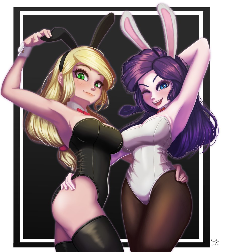 2girls applejack_(eg) applejack_(mlp) arm_behind_head armpits arms_up blonde_hair blue_eyes blush breasts bunny_ears bunnysuit equestria_girls female female_only friendship_is_magic green_eyes hasbro hat humanized long_hair looking_at_viewer my_little_pony one_eye_closed open_mouth playboy_bunny purple_hair rarity_(eg) rarity_(mlp) smile smooth_skin the-park watermark wink