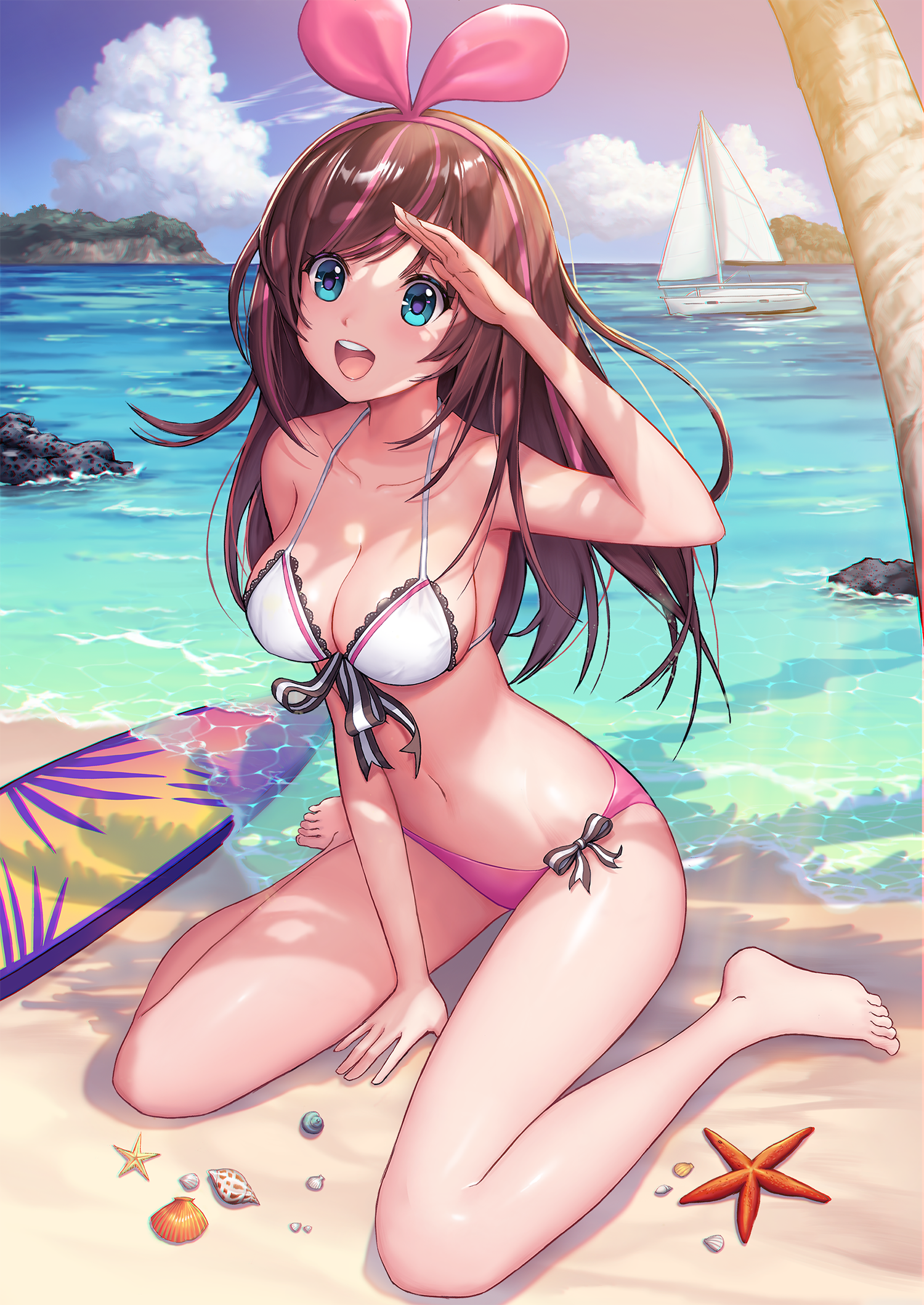 beach, bikini, cleavage, female, kizuna ai, kizuna ai inc., solo, solo female, swimsuit, tomto mood, virtual youtuber