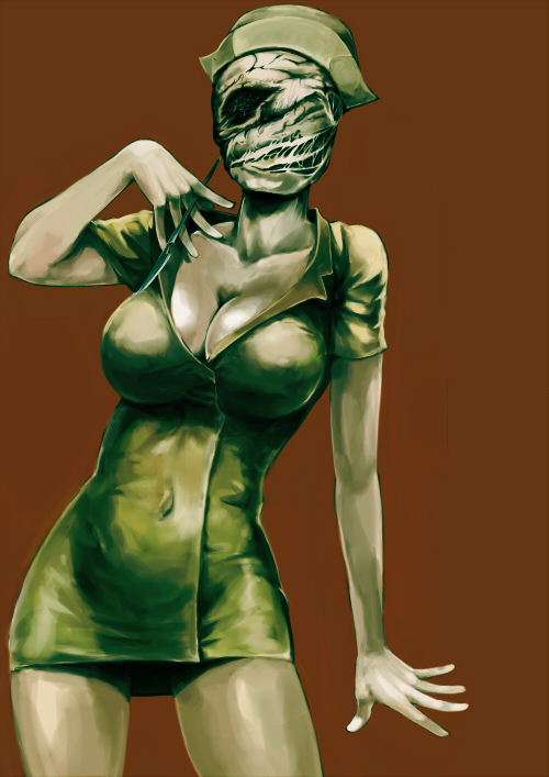 2d 2d_(artwork) big_breasts cleavage deformed female female_only knife monster_girl nurse nurse_(silent_hill) nurse_cap nurse_uniform scalpel short_dress silent_hill silent_hill_(film) silent_hill_homecoming solo solo_female tight_clothing