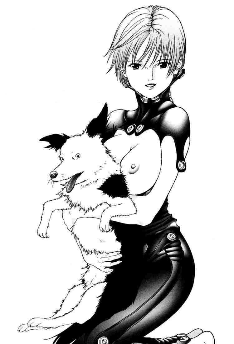 1animal 1girls breasts canine female gantz gantz_suit hiroya_oku kei_kishimoto large_breasts monochrome nipple oku_hiroya rice_(gantz) short_hair