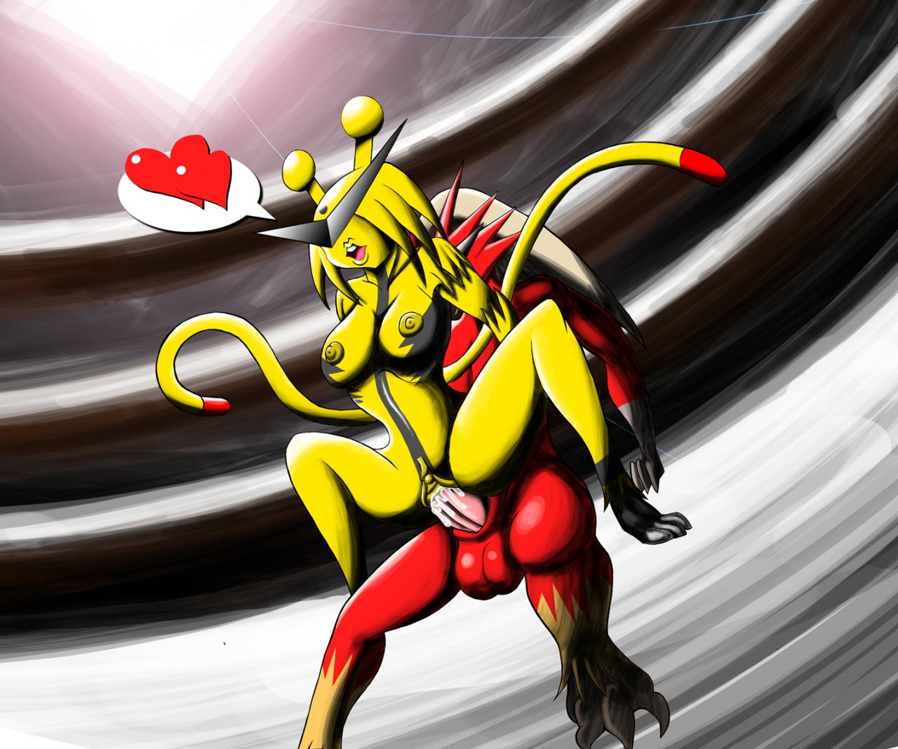 2_tails blaziken cum cum_in_pussy electivire female heart male_blaziken mouth_open multi_tail nintendo pointy_sunglasses pokemon pokemon_(species) red_fur sunglasses tail text_bubble vaginal_penetration yellow_fur yellow_nipples yugito_pornz