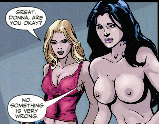 2girls amazon areola areolae bare_arms bare_midriff bare_shoulders blonde blonde_hair blue_eyes blue_hair breasts breasts_out busty cassie_sandsmark cleavage color colored comic curvaceous curvy dark_hair dc_comics dialog dialogue donna_troy ed_benes ed_benes_studio edit english english_text erect_nipples exposed_breasts exposed_nipples female female_focus female_only grey_background hair hi-fi_design human human_only light-skinned_female light_skin lipstick long_hair makeup midriff multiple_females multiple_girls naked navel nipple_bulge nipples no_bra nude nude_female nudity open_eyes photoshop plain_background purple_lips sleeveless speech_bubble standing star_earrings straight_hair tagme tank_top teen_titans text topless troia uncensored voluptuous wonder_girl wonder_girl_(cassie_sandsmark) wonder_woman_(series) yellow_hair