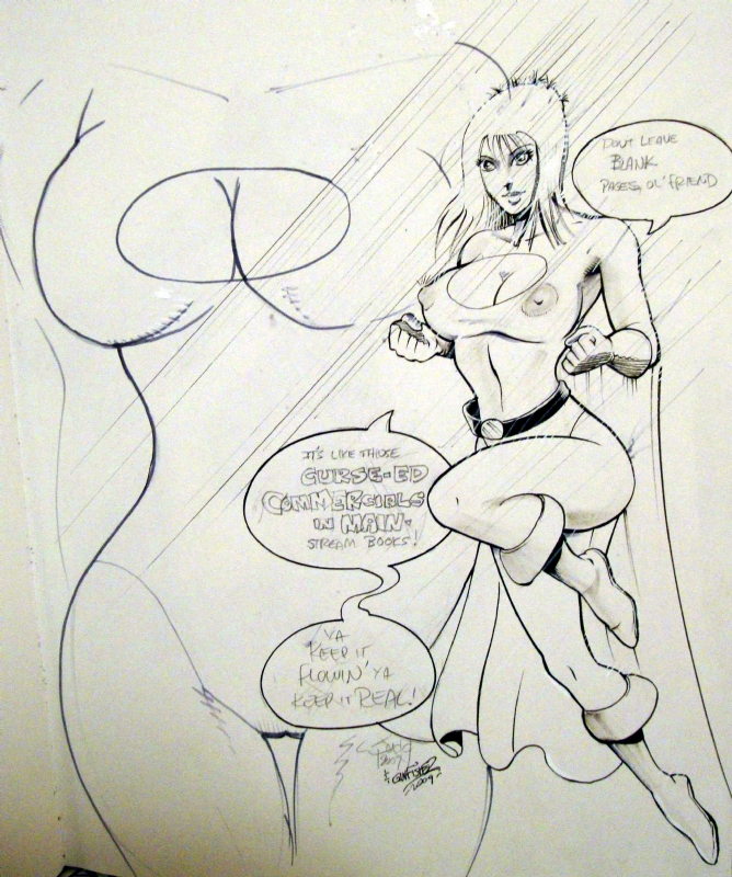 1girls 2009 black_and_white breasts budd_root cleavage dc dc_comics dialogue english english_text female female_only kara_zor-l karen_starr long_hair nipples power_girl solo speech_bubble superheroine tagme text uncensored