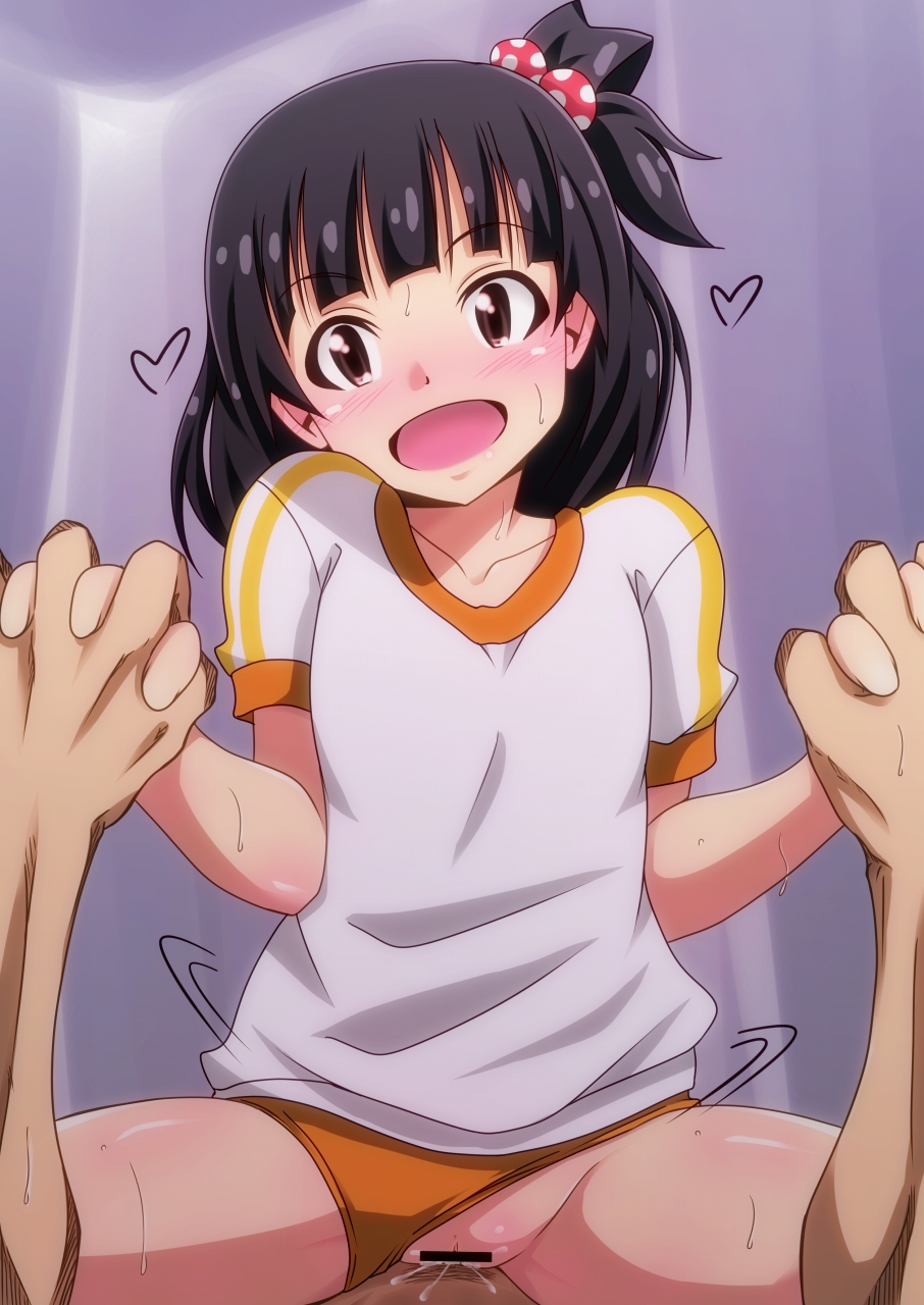 1boy bar_censor black_hair blush censored collarbone cowgirl_position cum cum_in_pussy female gym_uniform hair_bobbles hair_ornament hand_holding happy_sex heart idolmaster idolmaster_million_live! interlocked_fingers long_hair lying nakatani_iku nose_blush on_back open_mouth pov pov_eye_contact pussy pussy_juice sex shiny shiny_skin short_sleeves smile straddling straight sweat tanuki_(metaltanuki) vaginal_penetration