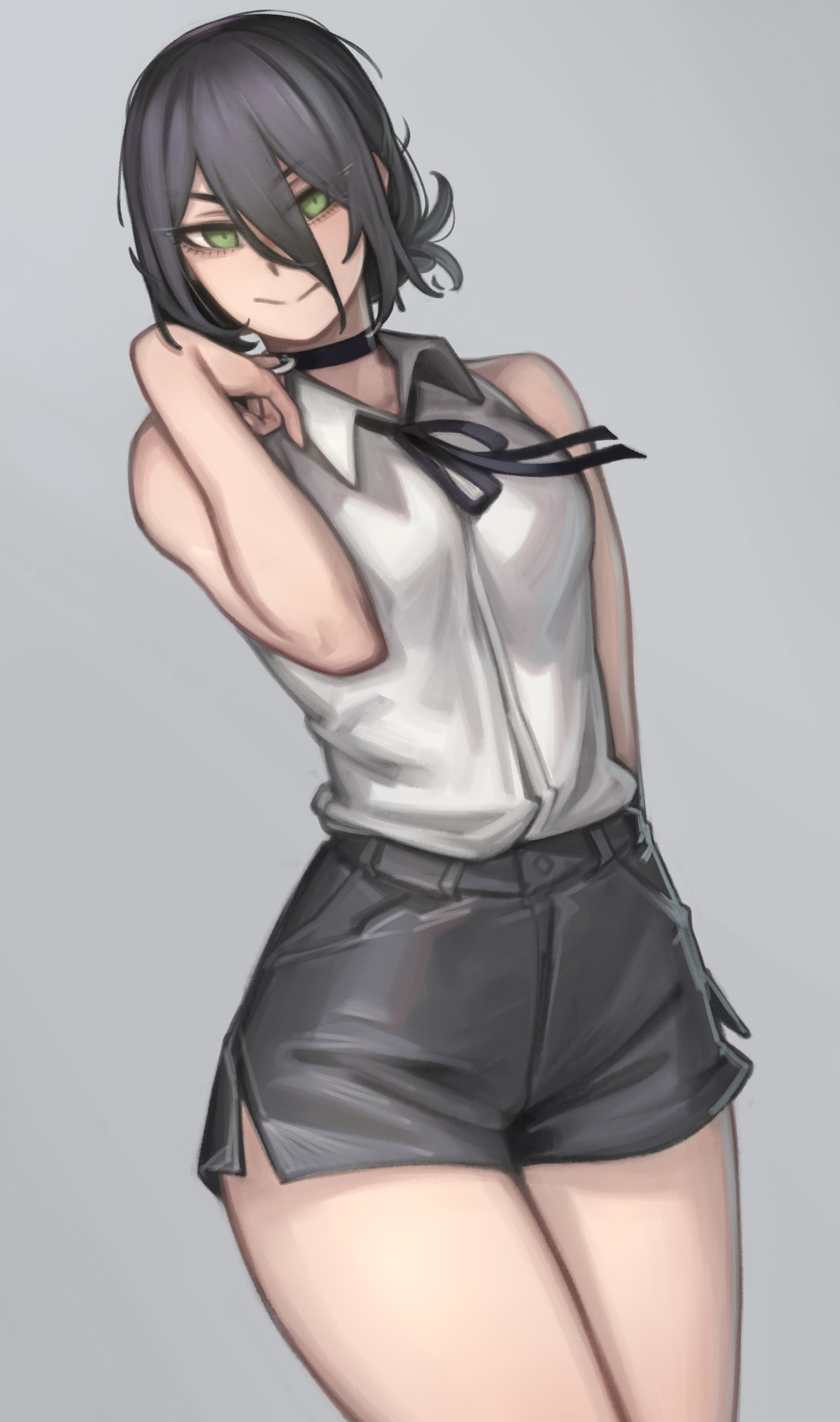1girls, black hair, chainsaw man, choker, choker pull, dress shirt, fair skinned female, fair-skinned female, female, female focus, female only, gray background, green eyes, grey background, kelvin hiu, no background, pose, posing, purple hair, reze (chainsaw man), short hair, short shorts, simple background, smile, solo, twitter link
