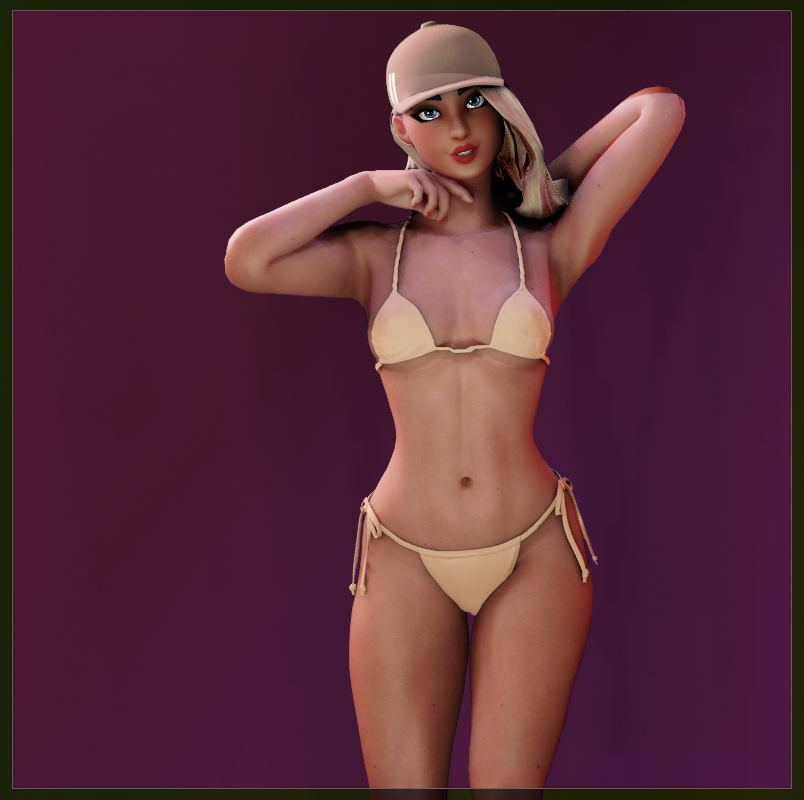 1girls 3d alternate_costume alternate_hair_color arm_behind_head baseball_cap bikini blonde blonde_hair blue_eyes brown_eyes cap dark-skinned_female epic_games fortnite fortnite:_battle_royale hand_under_chin non-nude non_nude petite poo24poo pose red_lips red_lipstick ruby_(fortnite) ruby_chill_(fortnite) solid_color_background solo_female source_request tagme white_hair