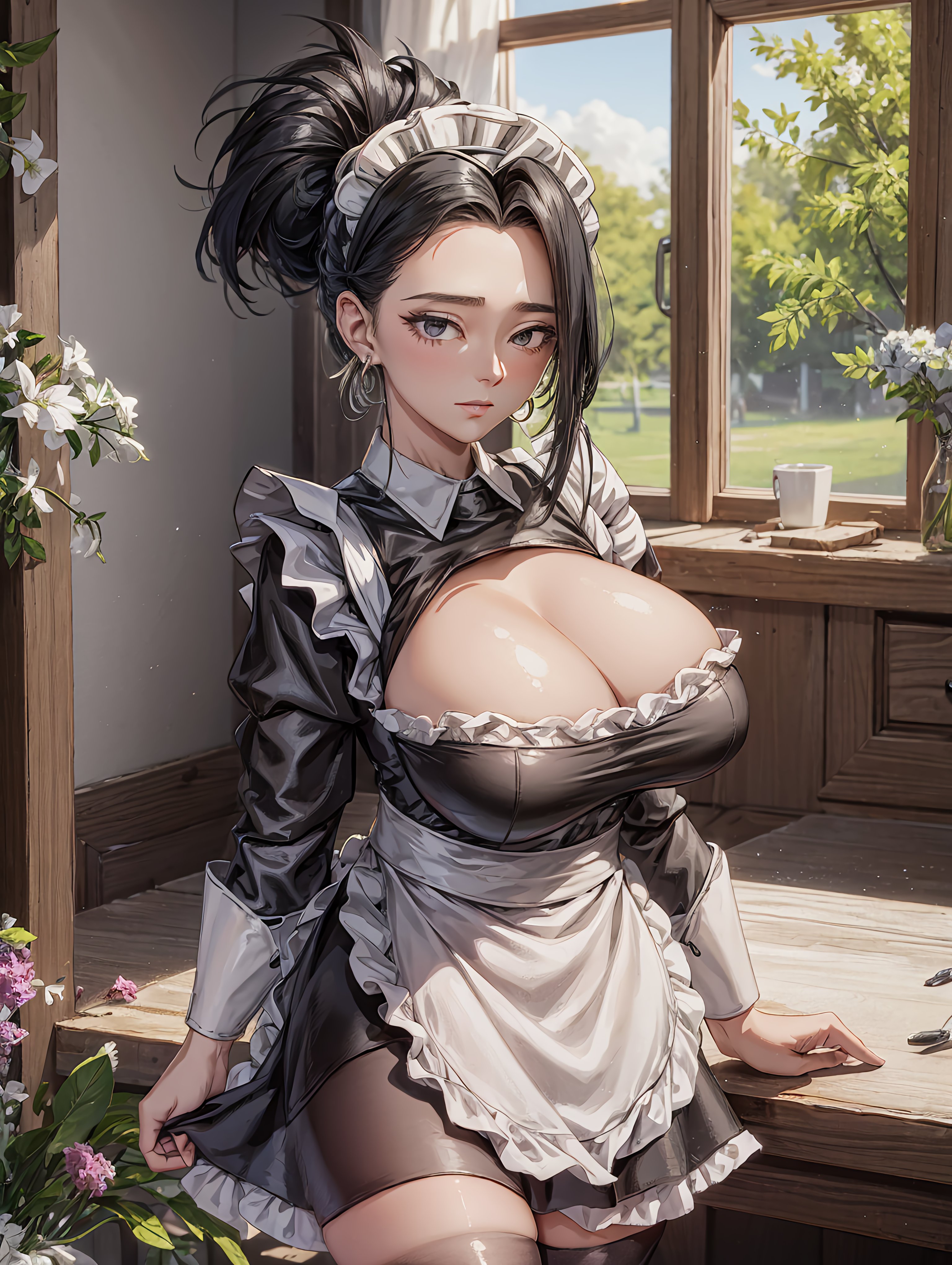 1girls, ai generated, big breasts, breasts, dragon ball, dragon ball super, female, female only, kale, maid, maid uniform, solo, stable diffusion