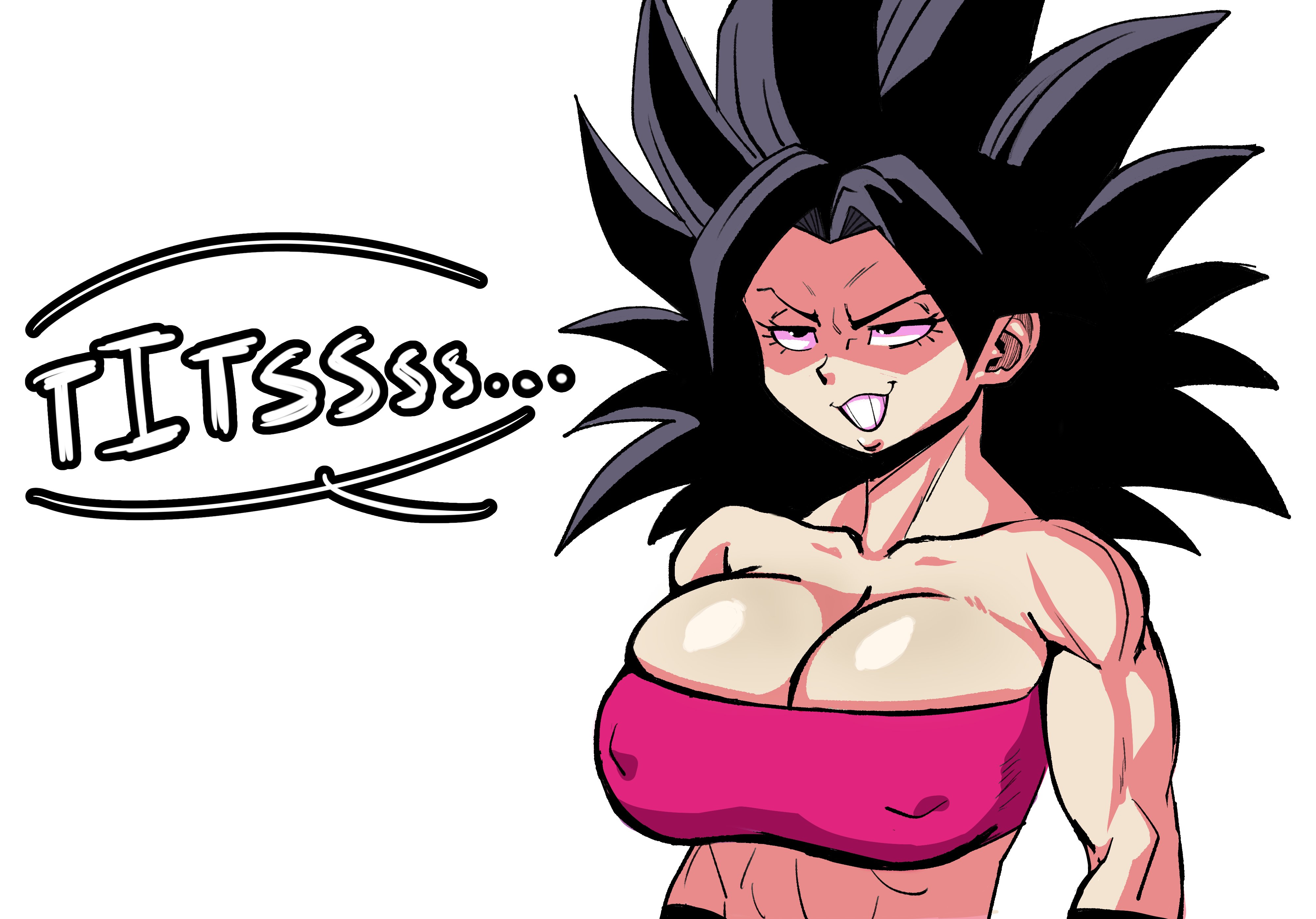 1girls, big breasts, black eyes, black hair, breasts, breasts bigger than head, caulifla, cleavage, clothing, dragon ball, dragon ball super, female, female only, huge breasts, large breasts, massive breasts, nipples visible through clothing, pseudocel, shounen jump, smile, solo, solo female, tight clothing, tight fit, tube top, tubetop