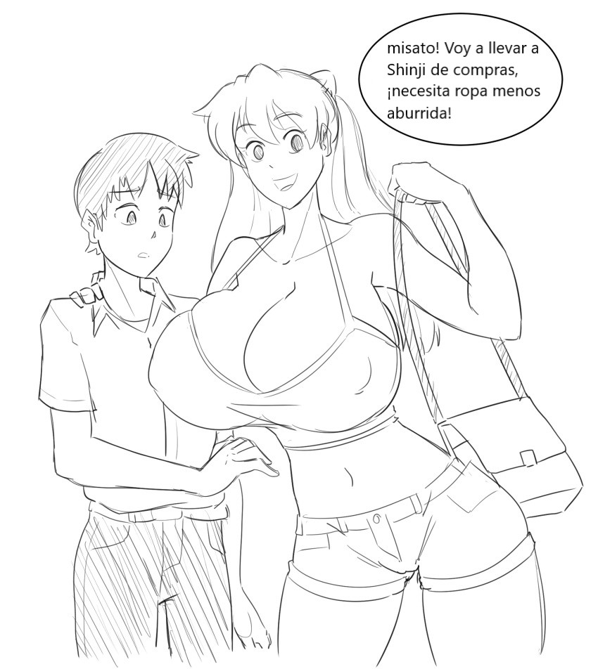 amazon asuka_langley_sohryu cleavage clothing crop_top curvy daisy_dukes huge_breasts large_breasts larger_female male neon_genesis_evangelion rexcrash64 shinji_ikari shopping shorter_male shorts slice_of_life smaller_male spanish_text taller_female taller_girl thick_thighs translation_request wide_hips