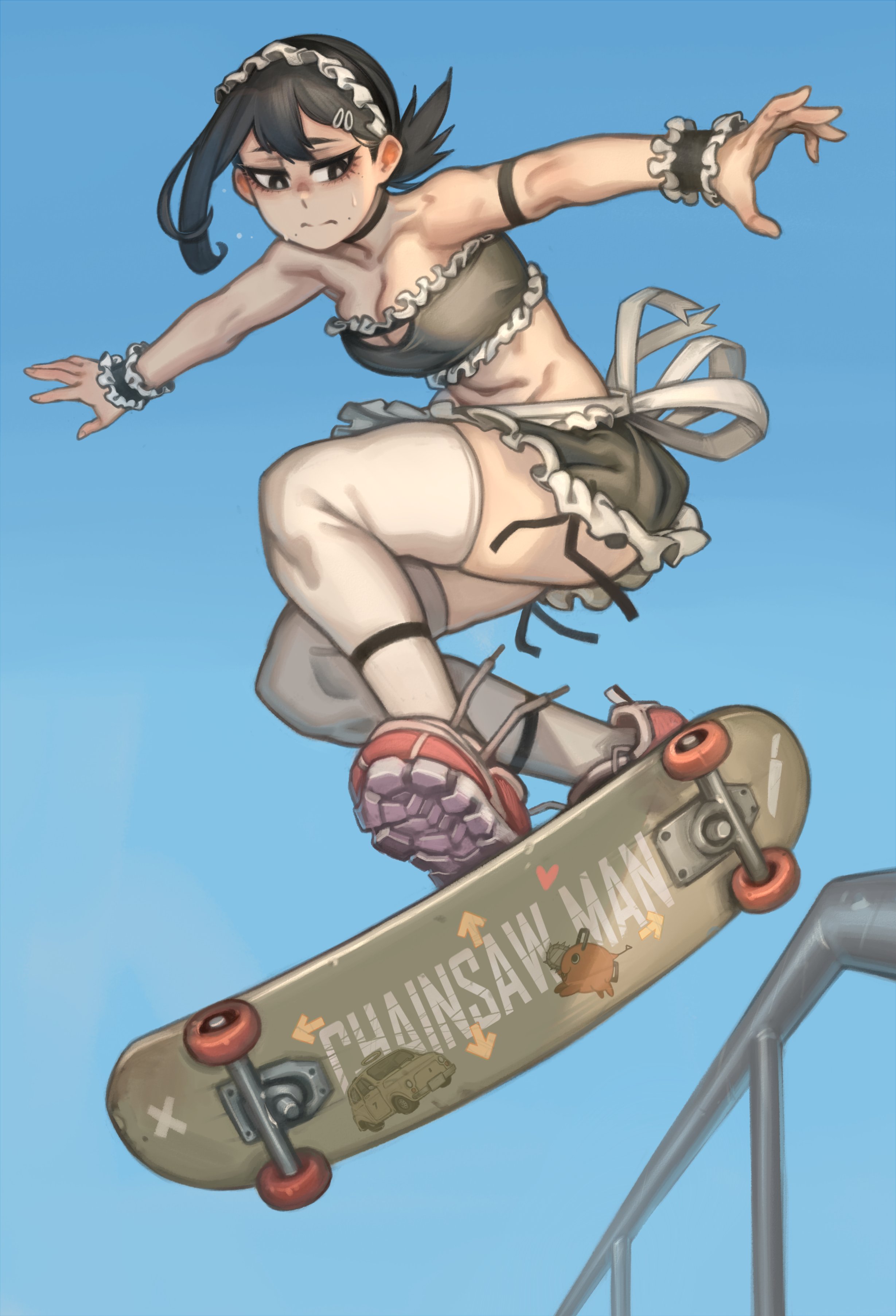 black hair, breasts, chainsaw man, cleavage, female, female focus, female only, forklift certified, higashiyama kobeni, human, kelvin hiu, maid, maid apron, maid headdress, maid outfit, maid uniform, pose, posing, short hair, skateboard, skirt, sneakers, solo, thighhighs, tied hair