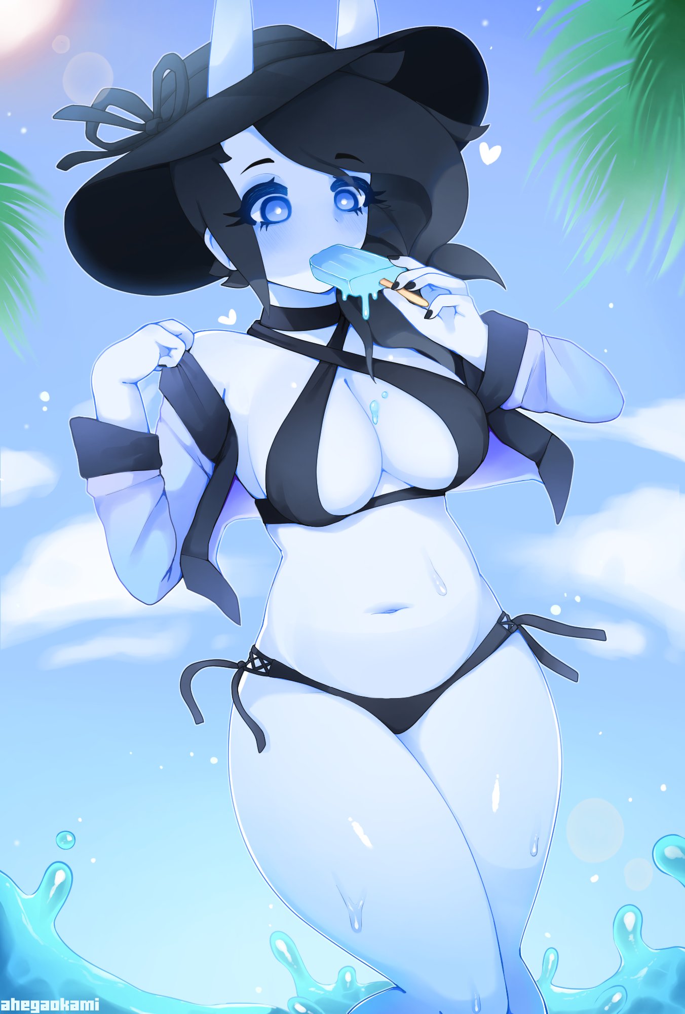 1girls ahegaokami black_hair blue_eyes choker cross_halter_bikini eating female female_only halter_bikini halterneck hat heart hi_res ice_cream icicle in_water light-skinned_female light_skin long_hair oni oni_horns original sea solo solo_female spooky_(ahegaokami) swimsuit