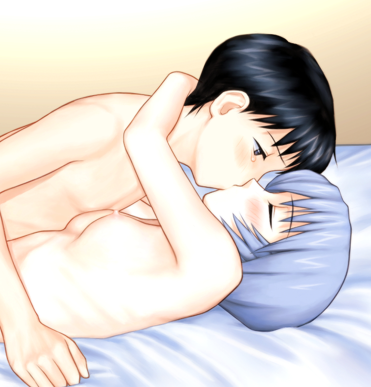 blush, breasts, eyes closed, female, kissing, neon genesis evangelion, rei ayanami, shinji ikari, small breasts, tagme, tears of joy, wholesome