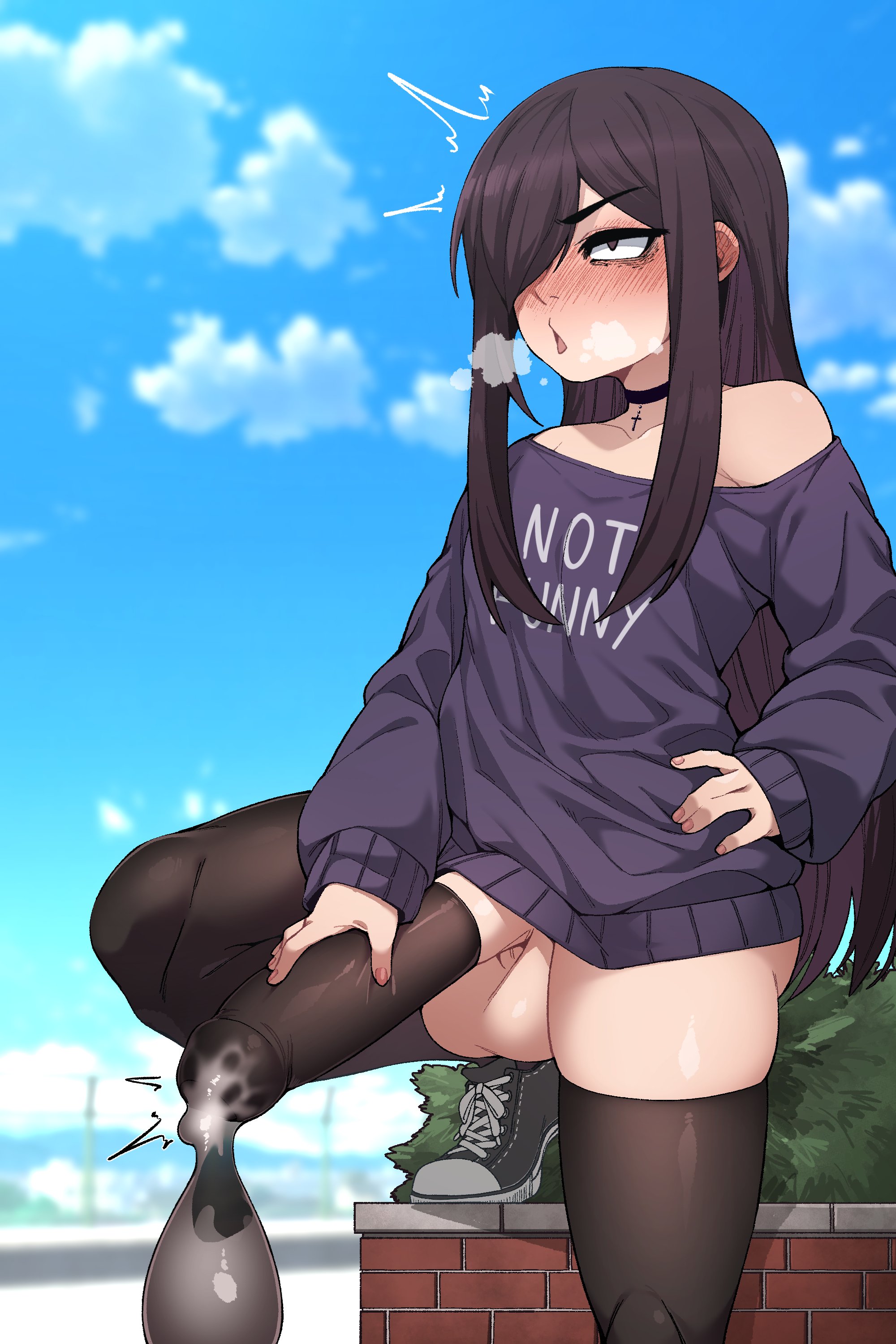 1boy, ahe gao, ain (in), androgynous, balls, bangs, big penis, black hair, blush, blush lines, blushing, borrowed character, bottomless, choker, cock sock, cum, cum in condom, cum in sock, ejaculation, femboy, girly, hand on penis, huge cock, hung trap, large penis, long hair, male, male only, orgasm, original, original character, penis, pleasure face, public, roland bonhomme, sneakers, sock on penis, solo, solo male, testicles, thighhighs, thighs, trap