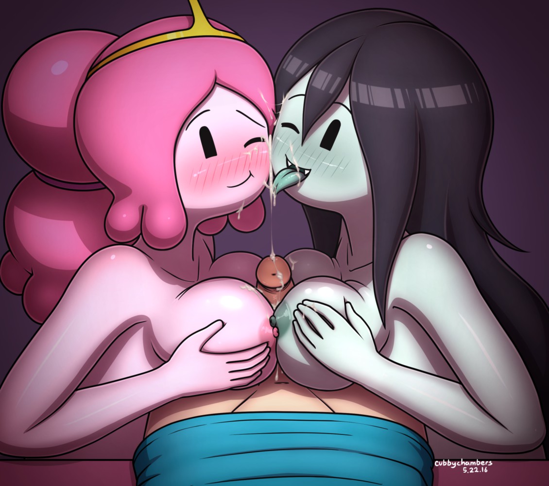 1boy 2girls adventure_time between_breasts big_breasts breasts cartoon_network cubbychambers cum_between_breasts cum_on_face cumshot double_paizuri double_titfuck ejaculation_between_breasts faceless_male female finn_the_human licking male marceline paizuri princess_bubblegum threesome titjob