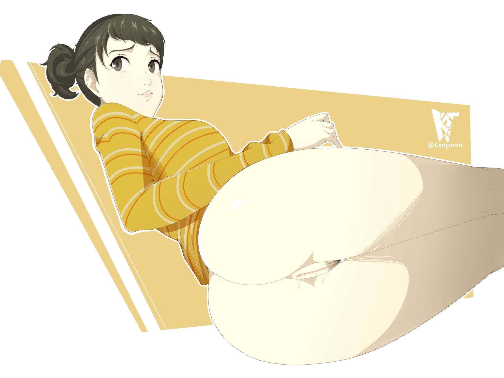 1girls, ass, black hair, clothing, female, kangarart, looking at viewer, looking back, persona, persona 5, pussy, sadayo kawakami, sweater, tagme
