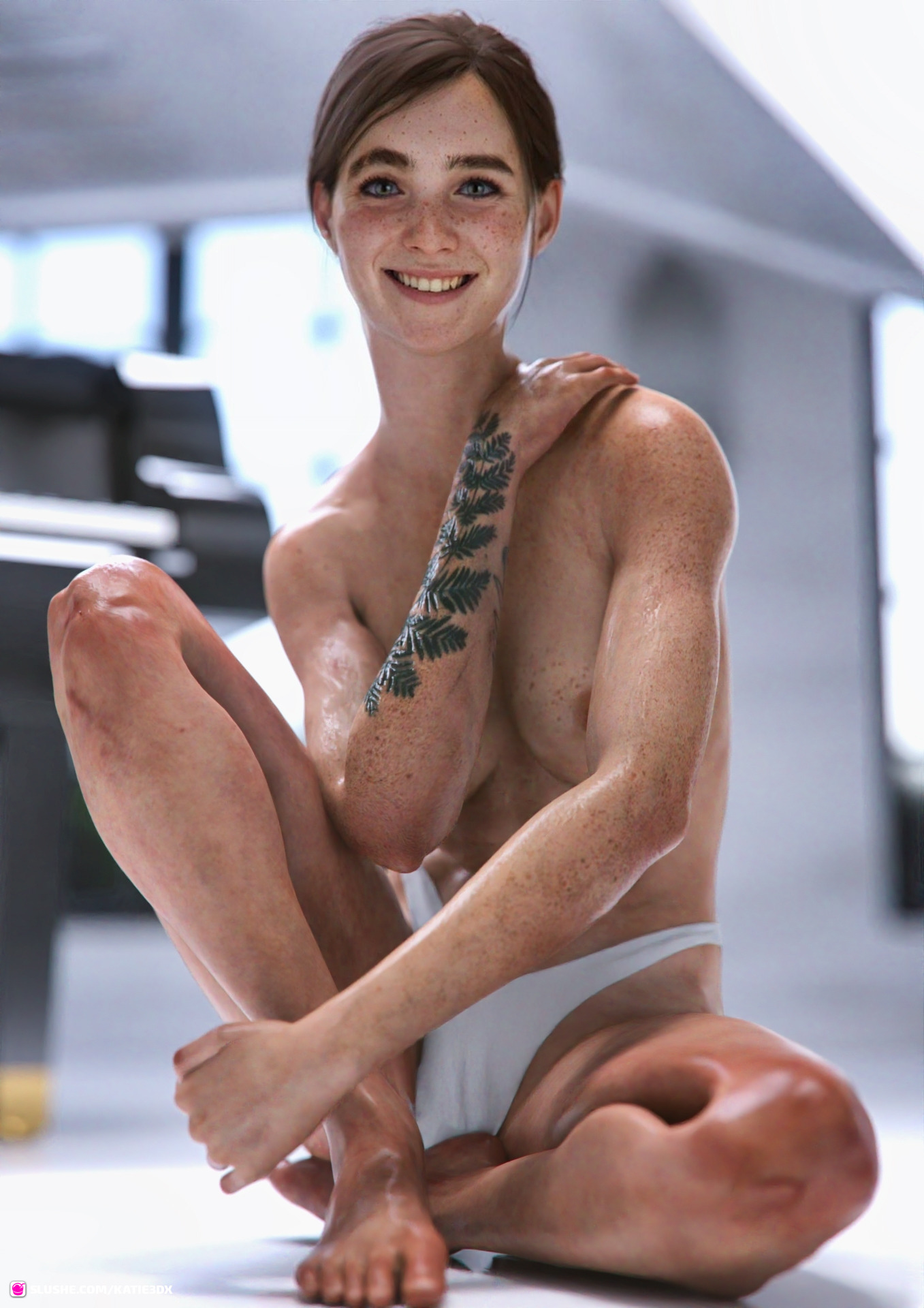1girls, 3d, athletic, athletic female, barefoot, brown hair, ellie (the last of us), ellie williams, female, female focus, female only, freckles, katie3dx, long hair, naughty dog, no bra, panties, photoshoot, pose, posing, realistic, realistic textures, smile, smiling, solo, solo female, tattoo, the last of us, the last of us 2, thong, topless