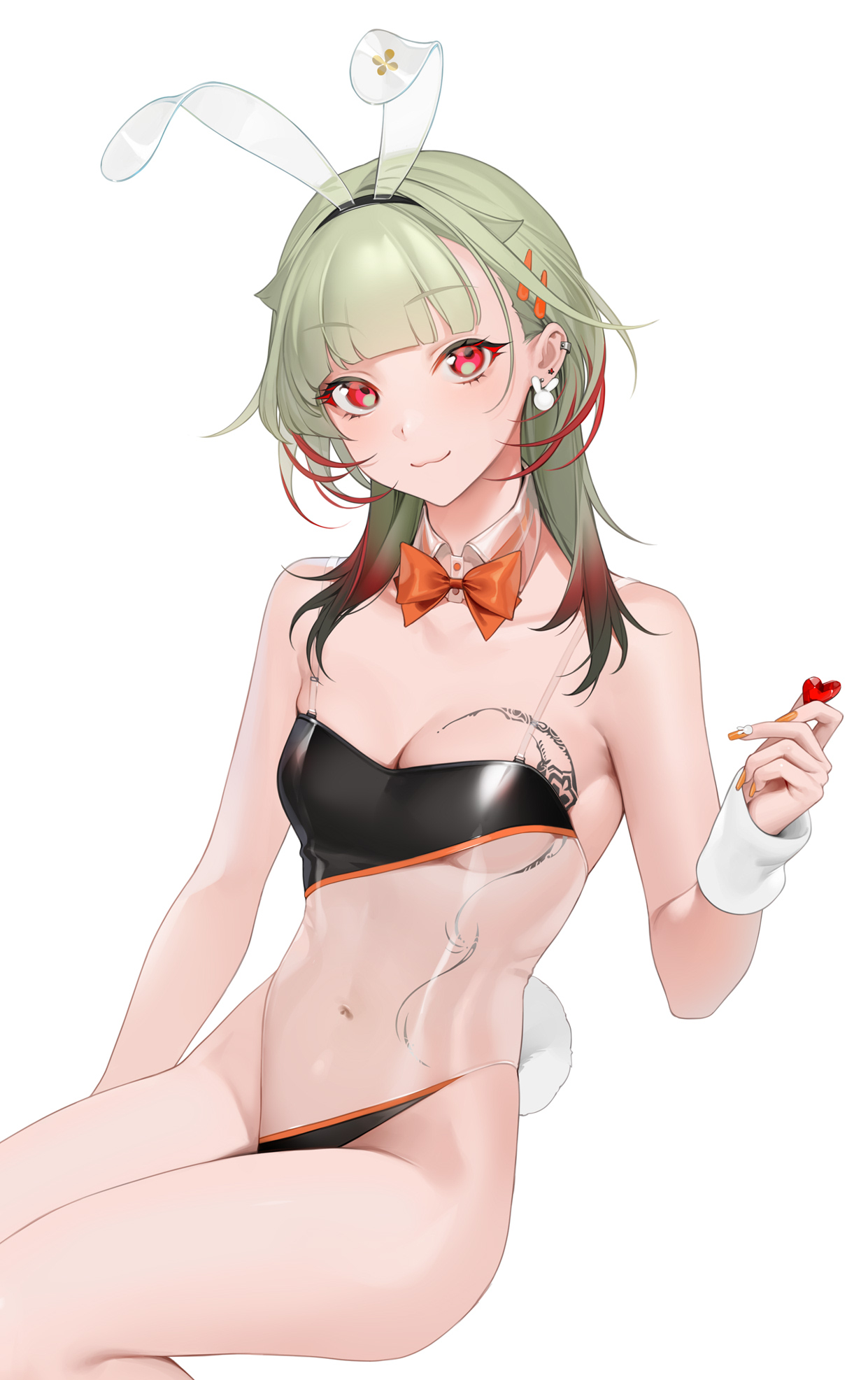 1girls, azur lane, bare arms, bare shoulders, breasts, bunny ears, bunny girl, bunnysuit, cleavage, clothed, clothing, ear piercing, earrings, female, female only, fully clothed, giuseppe garibaldi (azur lane), green hair, jewelry, leotard, light skin, light-skinned female, looking at viewer, midriff, ohisashiburi, pale skin, pale-skinned female, red eyes, revealing clothes, see-through, see-through clothing, shiny clothes, sitting, small breasts, smile, solo, tattoo, thighs, tight clothing, transparent clothing