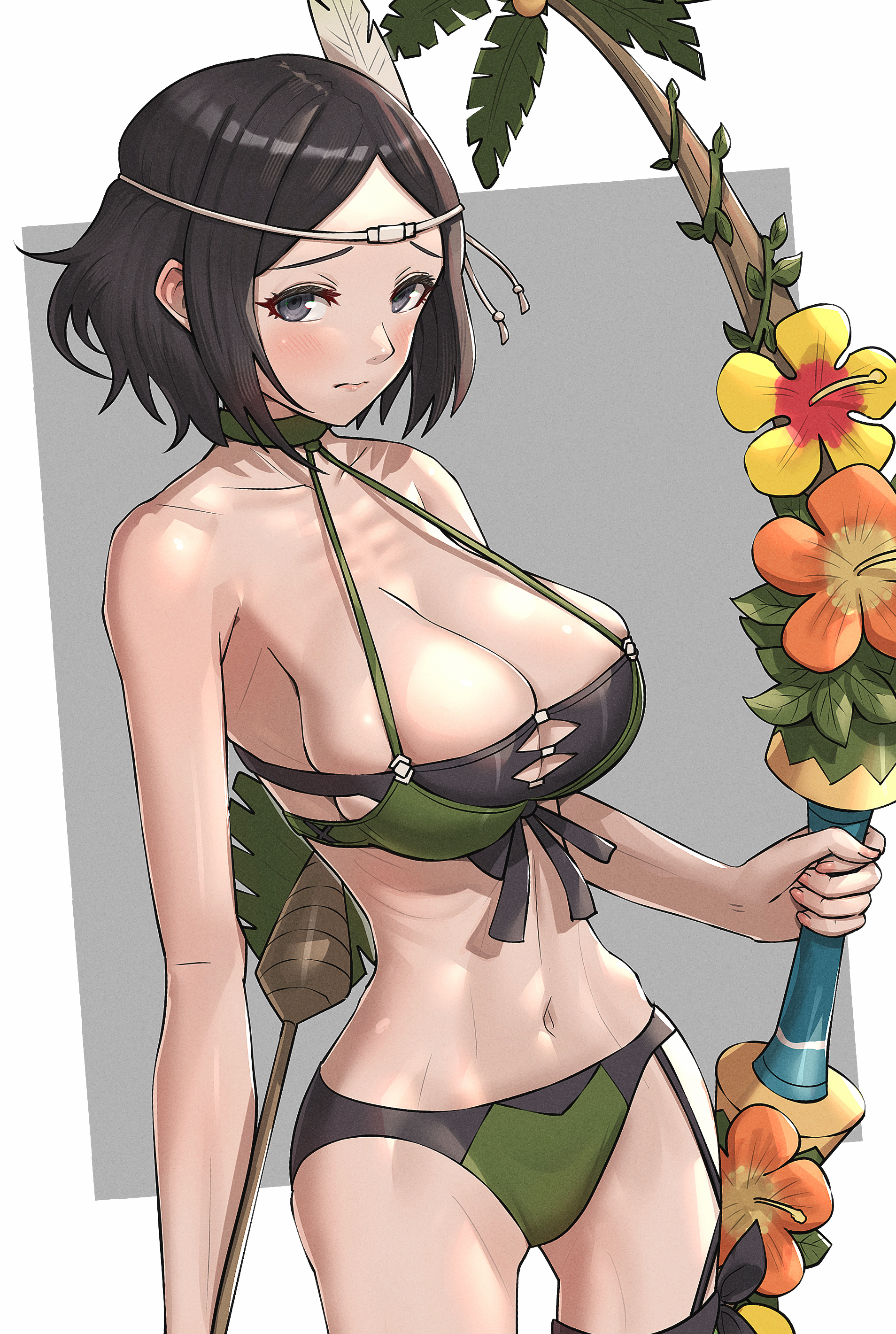 1girls, absurdres, alternate costume, armpits, arrow (projectile), bare arms, bare shoulders, bikini, black hair, bow, breasts, cleavage, feathers, female, fire emblem, fire emblem awakening, fire emblem heroes, frown, gonzarez, green bikini, green swimsuit, grey background, grey eyes, hair ornament, highres, hourglass figure, large breasts, looking at viewer, nintendo, noire (fire emblem), official alternate costume, ribs over breasts, short black hair, short hair, sideboob, skindentation, skinny, solo, swimsuit