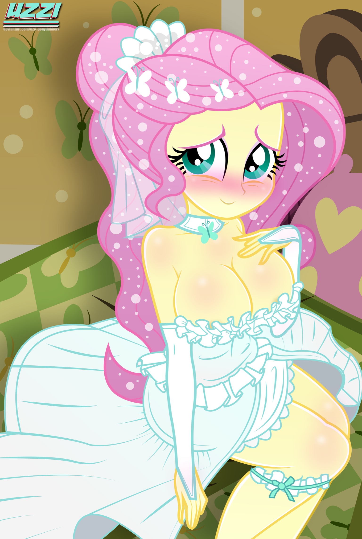 1girls, accurate art style, bedroom, big breasts, blush, breasts, butterfly hair ornament, cleavage, equestria girls, female, fluttershy (eg), fluttershy (mlp), friendship is magic, hasbro, looking at viewer, my little pony, sitting, smiling, solo, solo female, straight hair, tagme, uzzi-ponydubberx, wedding dress