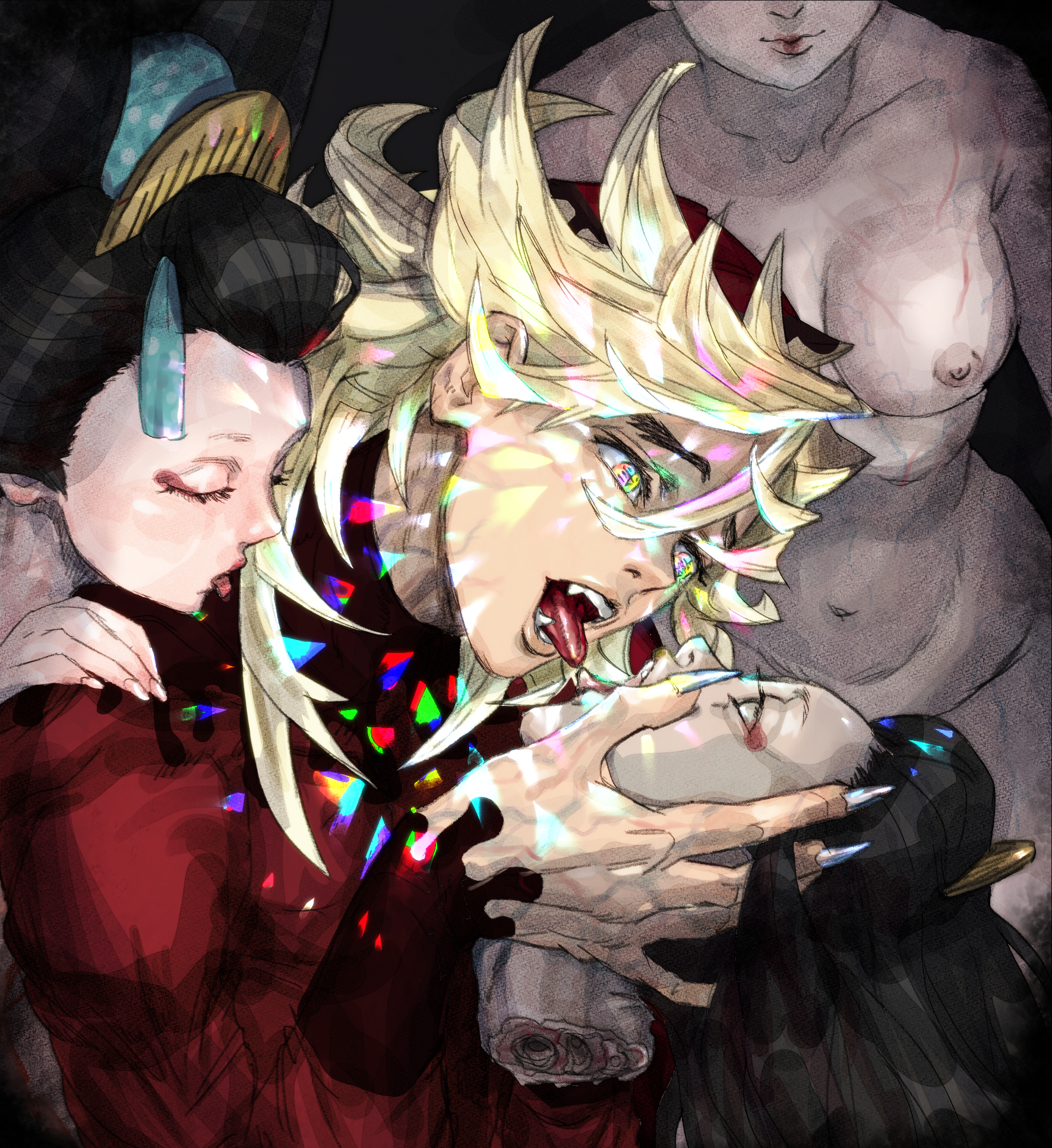 1boy, 3girls, aitanso, bad id, blonde hair, corpse, creepy, death, decapitation, demon, demon boy, demon slayer, douma, fangs, female, female death, french kiss, geisha, gore, guro, holding head, kimetsu no yaiba, kissing, male, necrophilia, nude, nude female, open mouth, rainbow eyes, sharp fingernails, sparkles, spiky hair, straight, tongue, tongue out, what