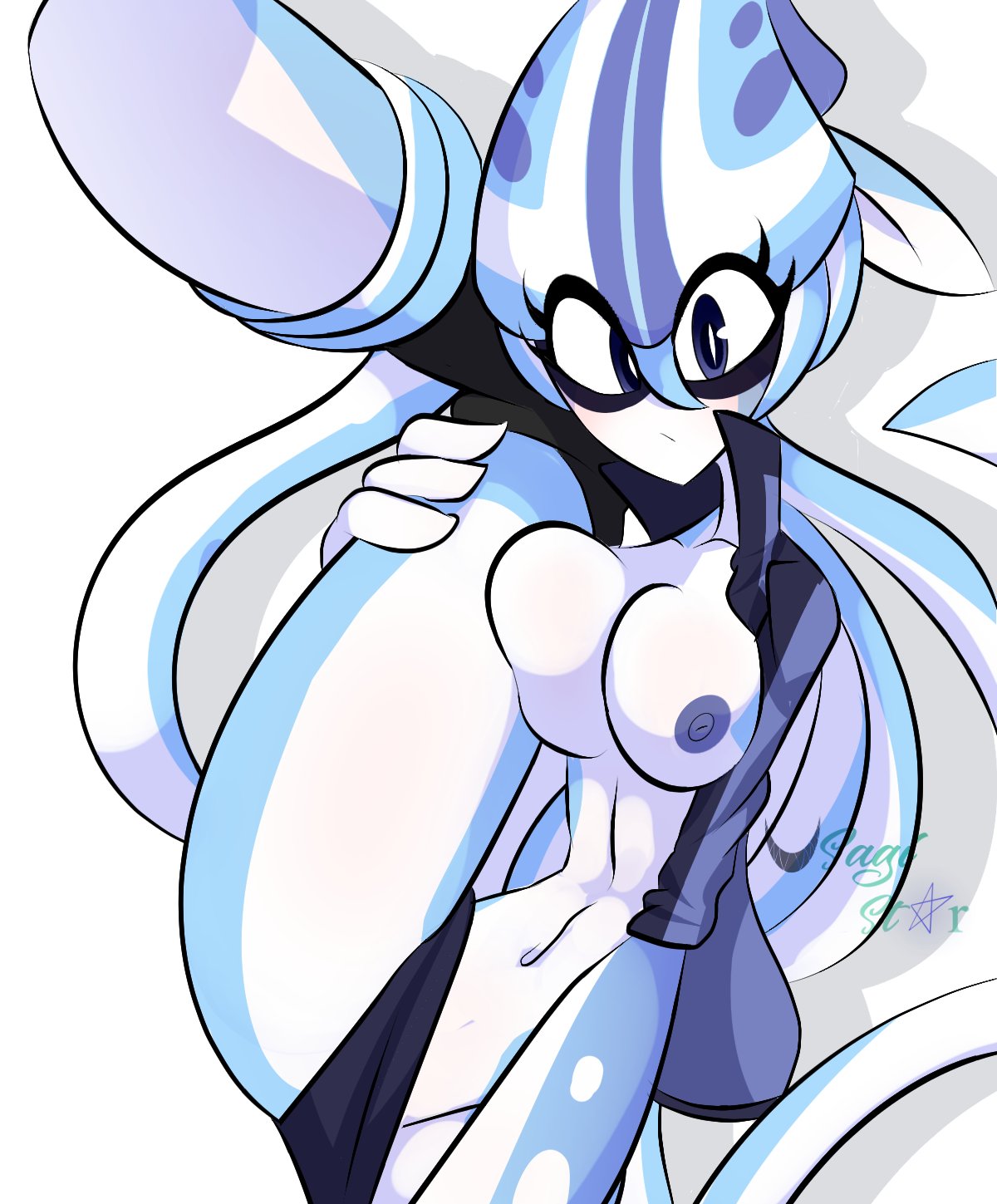 1girls, anthro, ari star (usagi star), big breasts, blue eyes, blue nipples, breasts, busty, female, female only, looking at viewer, nipples, oc, original character, slim waist, solo, solo female, squid, squid girl, squid humanoid, tentacle hair, thick thighs, usagi star