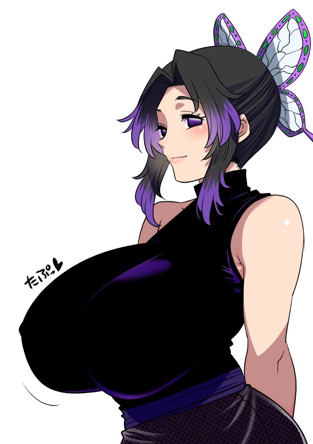 bare_shoulders big_breasts black_hair butterfly_hair_ornament demon_slayer female female_only huge_breasts kimetsu_no_yaiba kochou_shinobu looking_at_viewer perepere-kun purple_eyes sleeveless sleeveless_shirt smile solo two_tone_hair