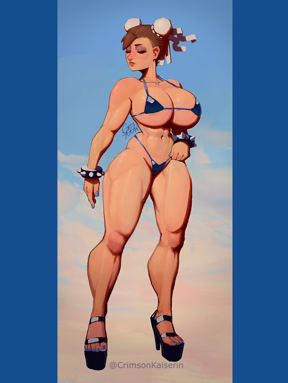 1girls, abs, athletic, athletic female, big breasts, bikini, bracelet, breasts, brown hair, chun-li, closed eyes, crimson kaiserin, female, hair buns, high heels, huge breasts, light skin, light-skinned female, mature female, micro bikini, open toe shoes, pose, solo, spiked hair, street fighter, thick thighs, toned, toned female