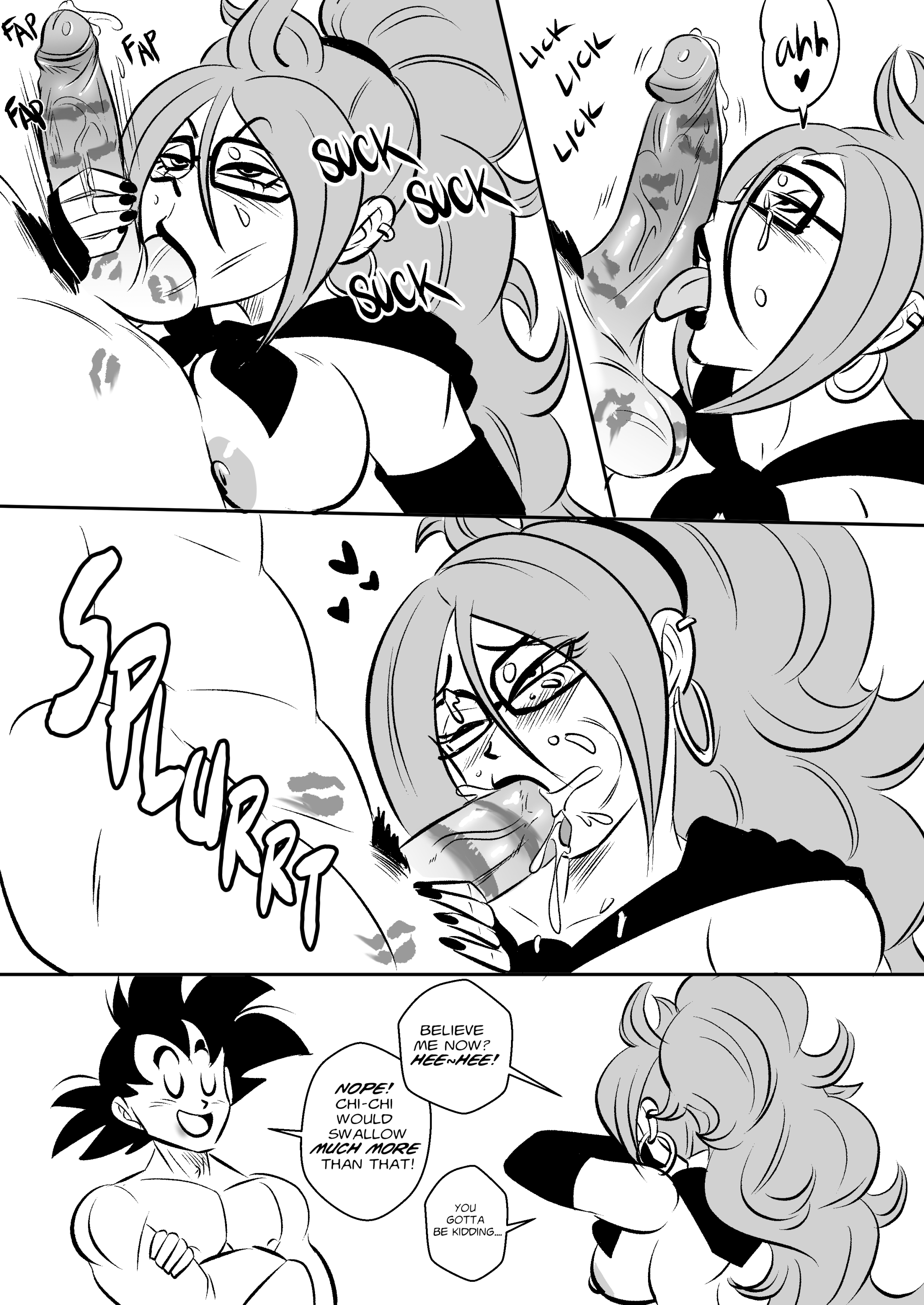 android, android 21, android 21 (human), balls, big breasts, breasts, cheating, cheating husband, comic, cum, cum in mouth, dragon ball, dragon ball fighterz, dragon ball super, dragon ball z, earrings, fellatio, female, funsexydragonball, goku, handjob, licking penis, lipstick mark, lipstick on balls, lipstick on penis, male, monochrome, netorare, nude, one eye closed, penis, saiyan, son goku, speech bubble
